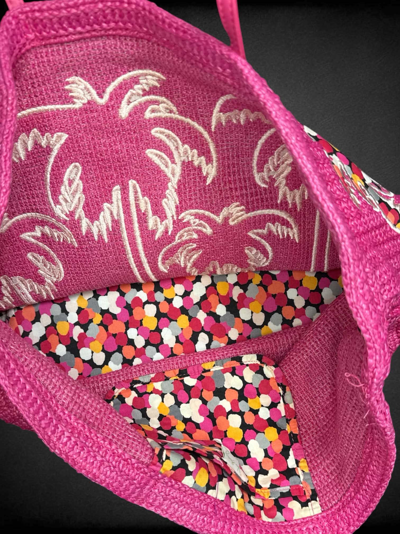 Vera Bradley pink woven beach bag with palm tree design on front