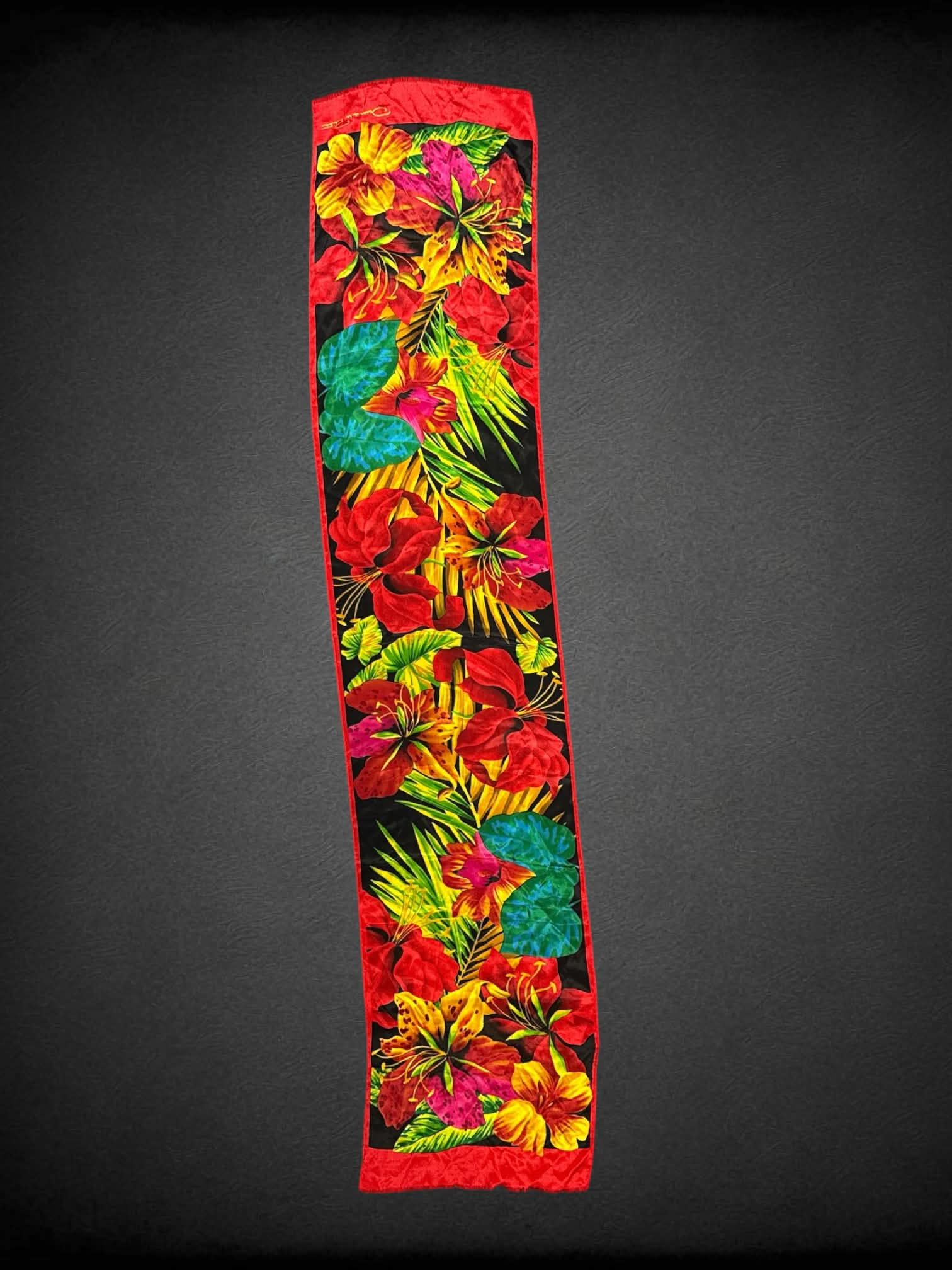 Oscar de la Renta vintage red silk scarf with tropical floral design