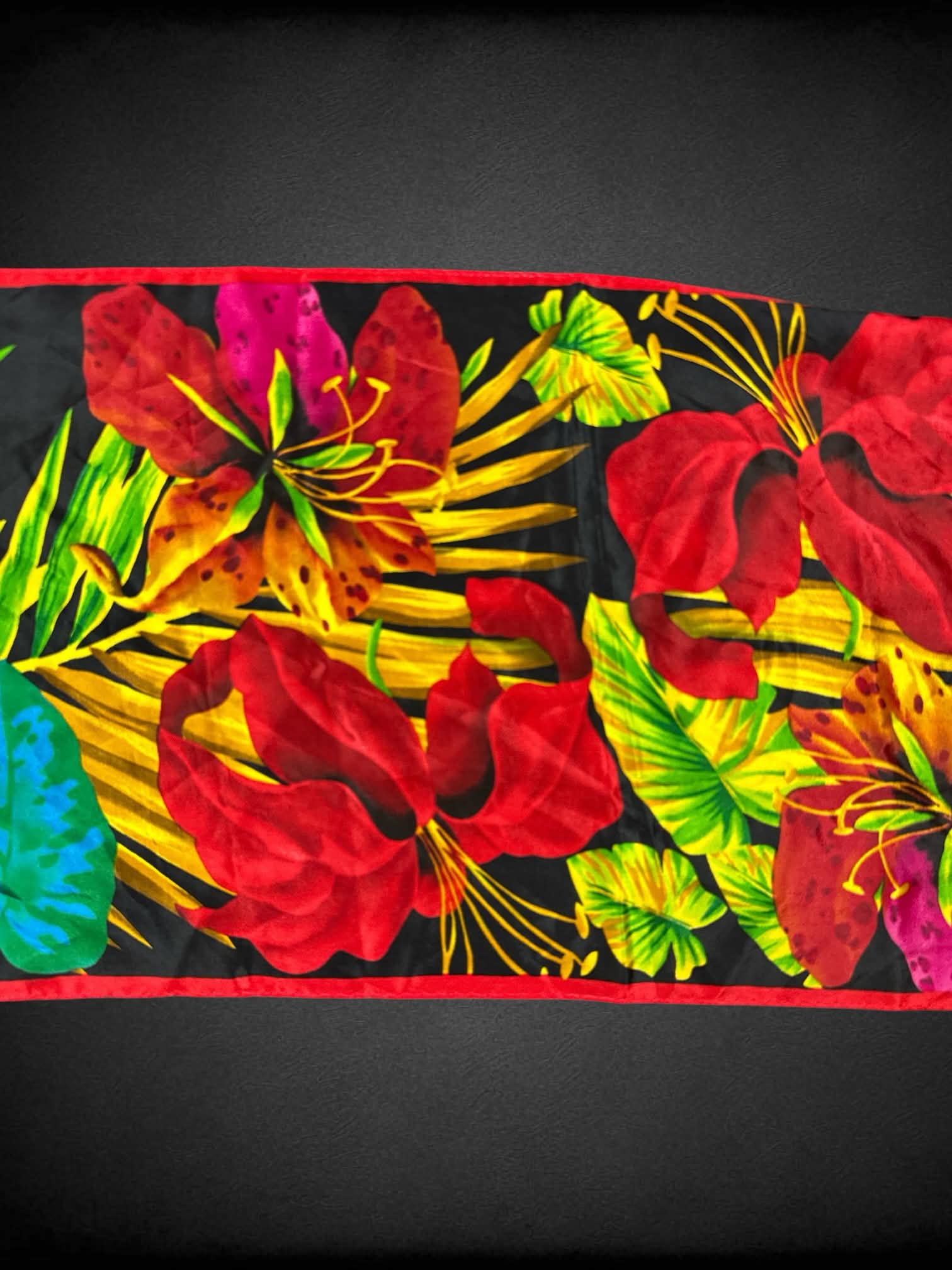 Oscar de la Renta vintage red silk scarf with tropical floral design