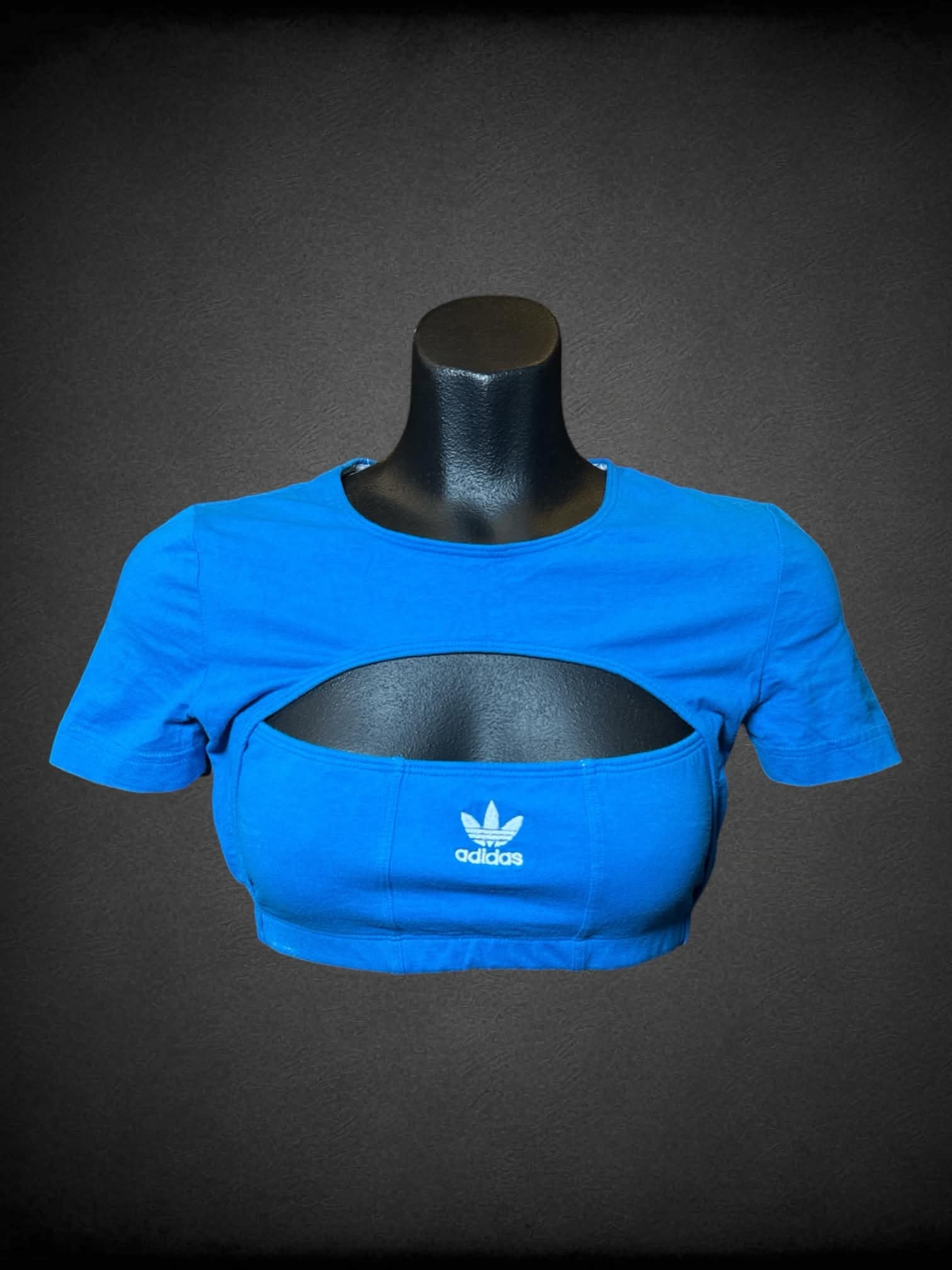 S Frankie upcycled Adidas blue crop top with chest cutout