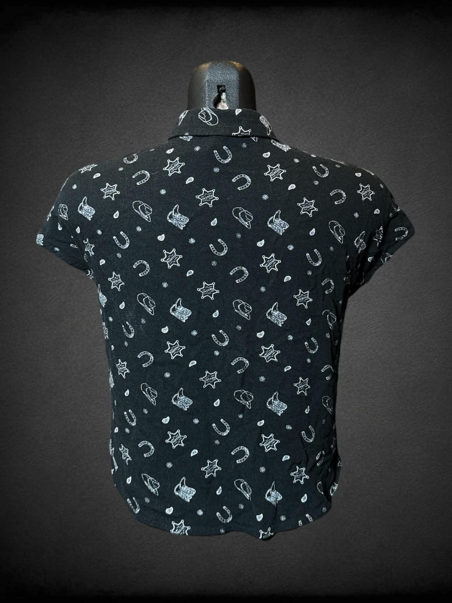S Divided black cropped button-up shirt with cowboy pattern