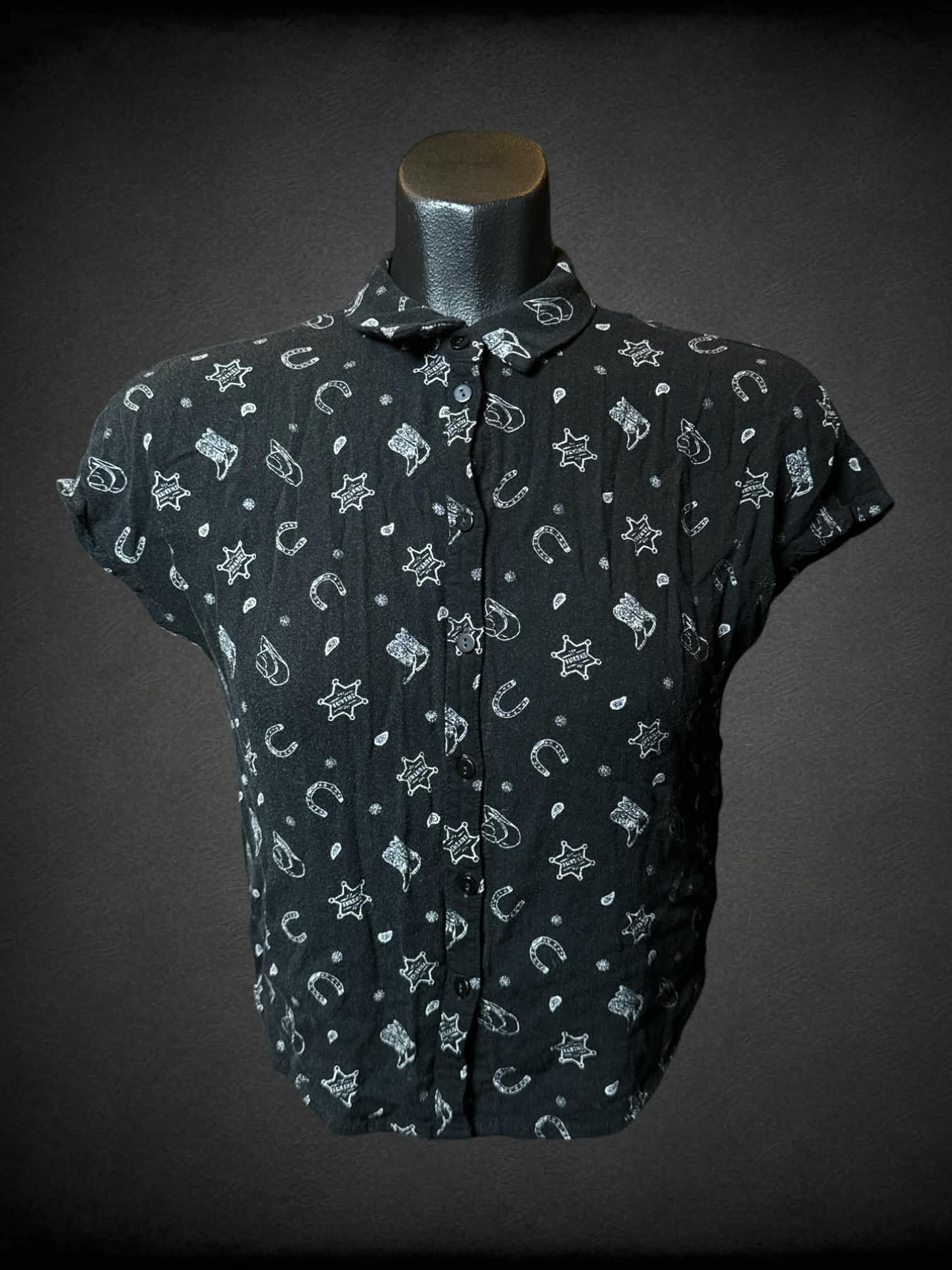 S Divided black cropped button-up shirt with cowboy pattern