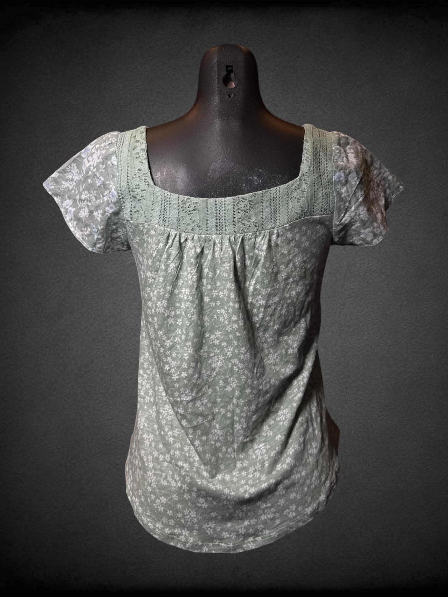 S Rewind sage green shirt with white floral pattern, and lace trimming