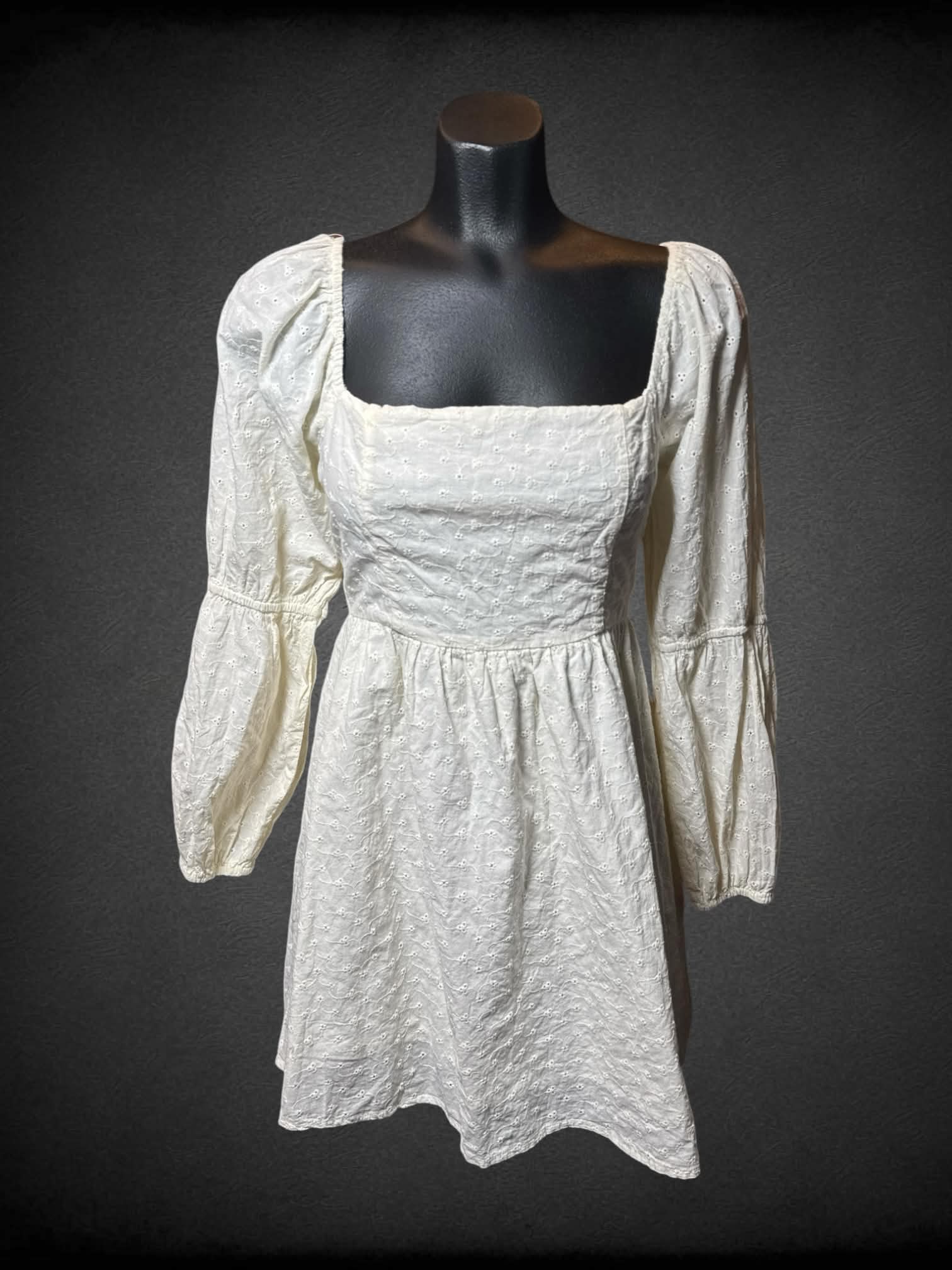 S white flowy shirred dress with zipper on back