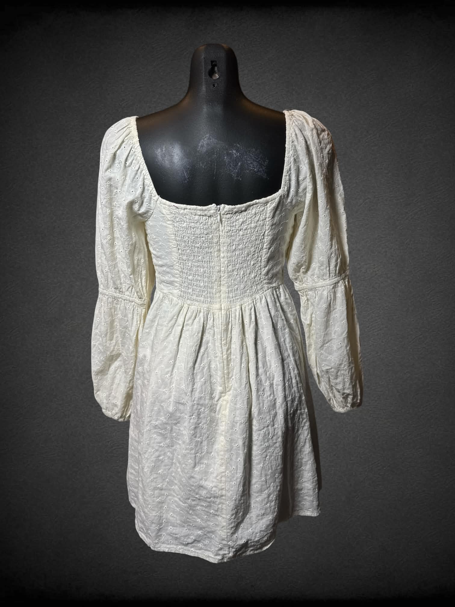 S white flowy shirred dress with zipper on back