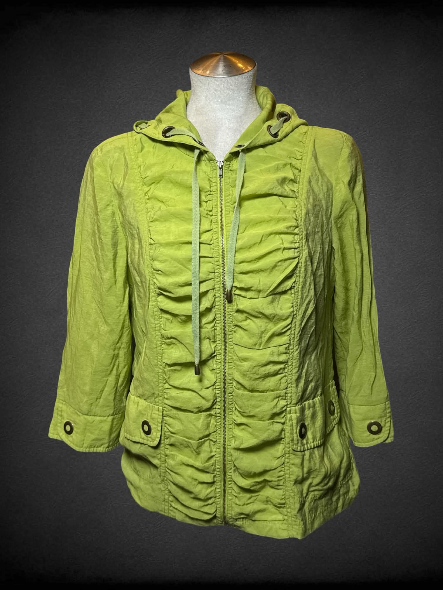 L Sharon Young lime green jacket with o-ring buttons & detailing on hood
