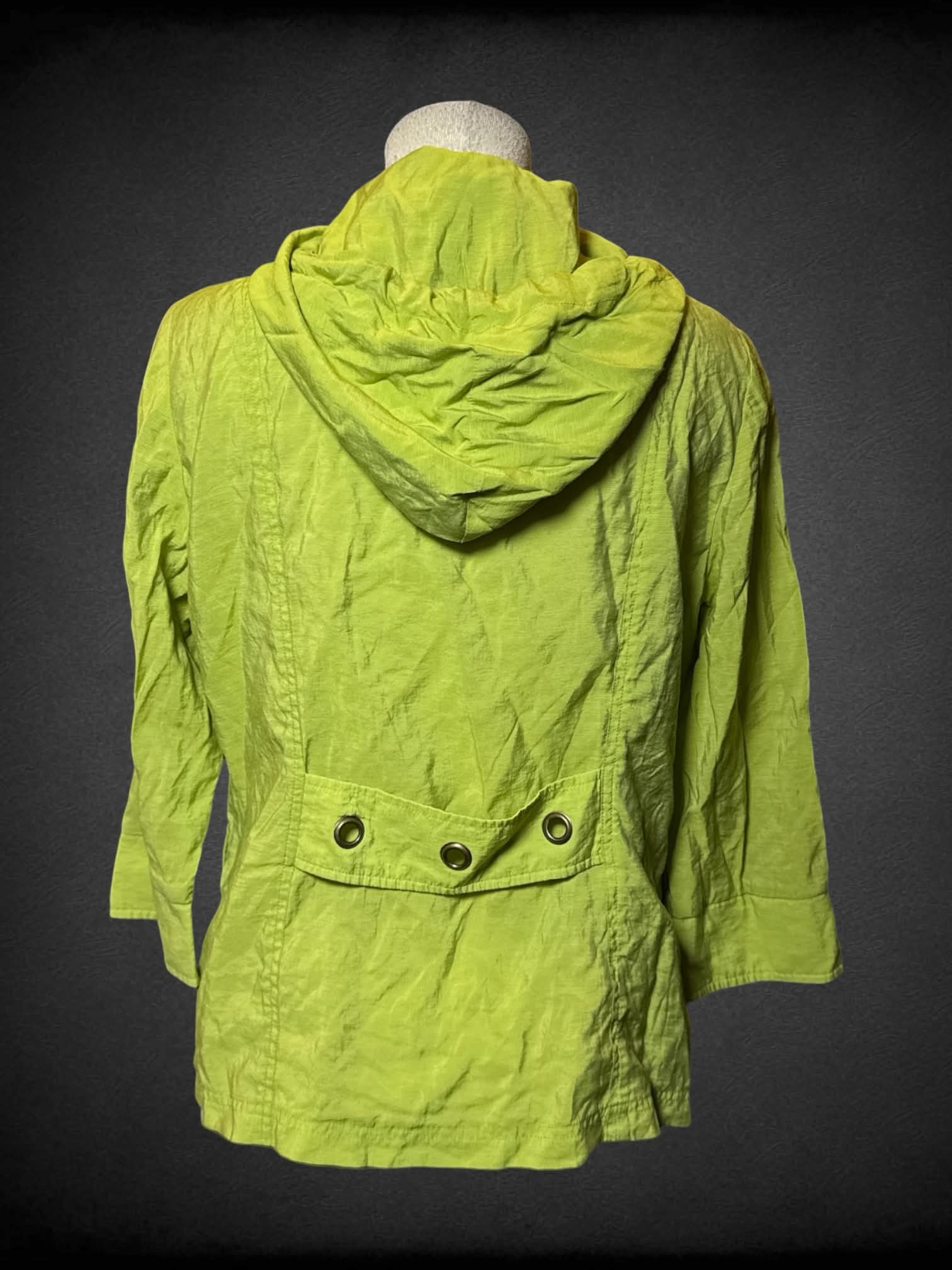 L Sharon Young lime green jacket with o-ring buttons & detailing on hood