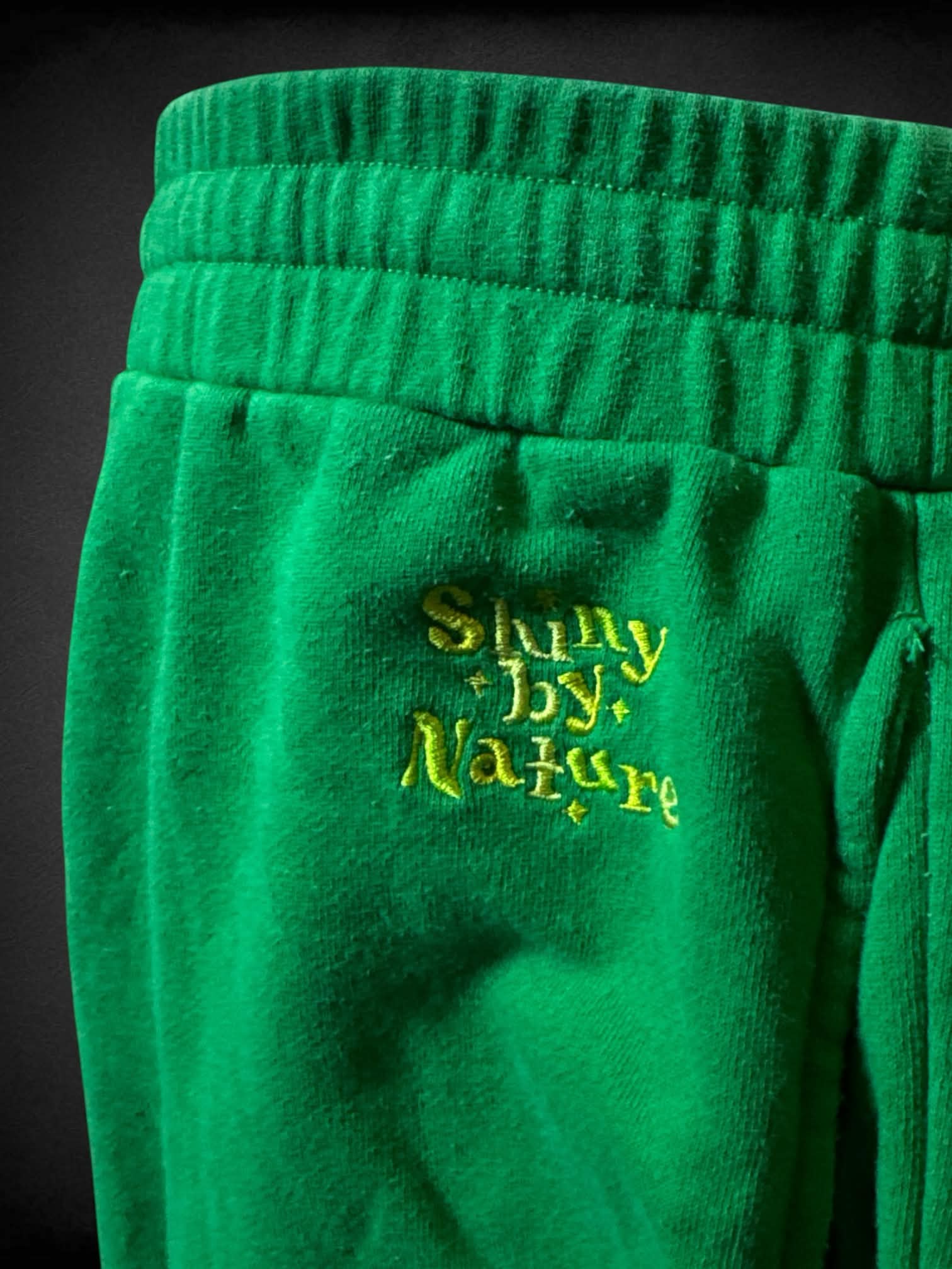 3X Shiny By Nature green shorts with embroidered “Shiny By Nature” writing on front pocket, and adjustable stretch waist