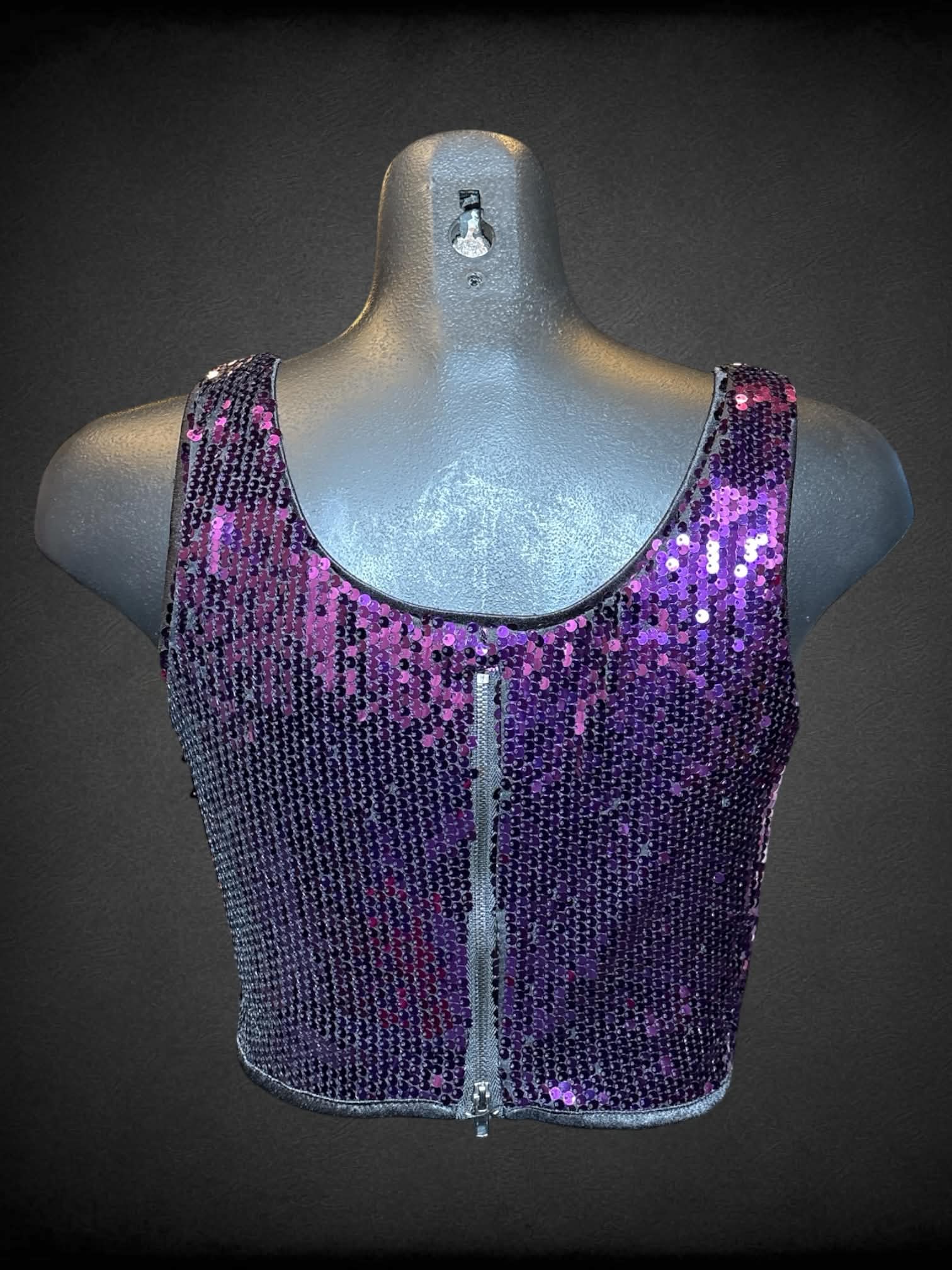 S Allegra K purple sequined crop top with zipper on back