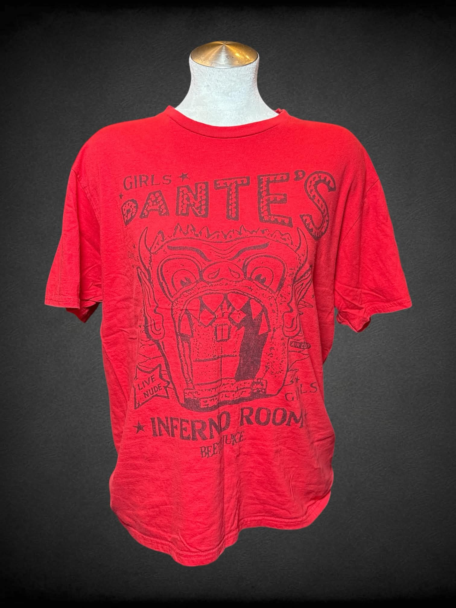 L Port Company soft red t shirt with “Beetlejuice: Dante’s Inferno Room” faded graphic on front