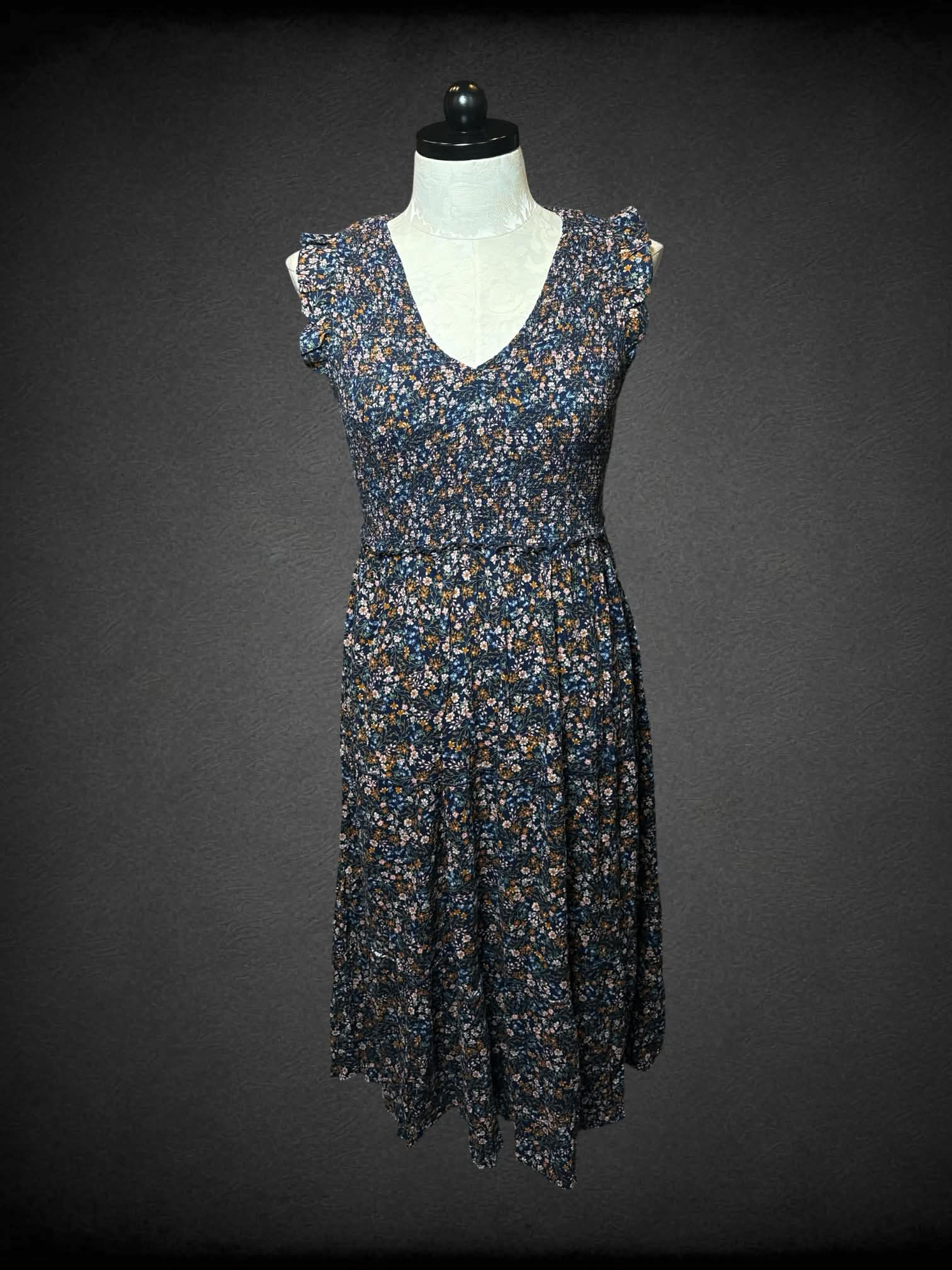 XL Old Navy NWT navy summer dress with colorful floral pattern, and shirred top