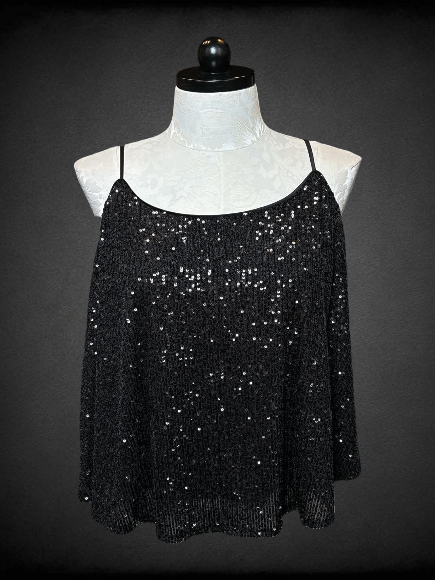 1X ASOS black sequined top with adjustable straps, and sheer back