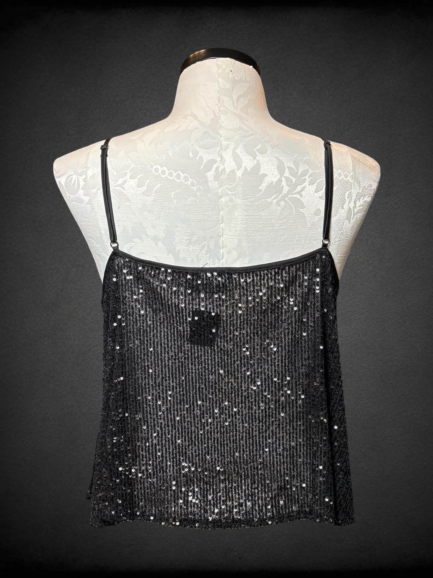 1X ASOS black sequined top with adjustable straps, and sheer back