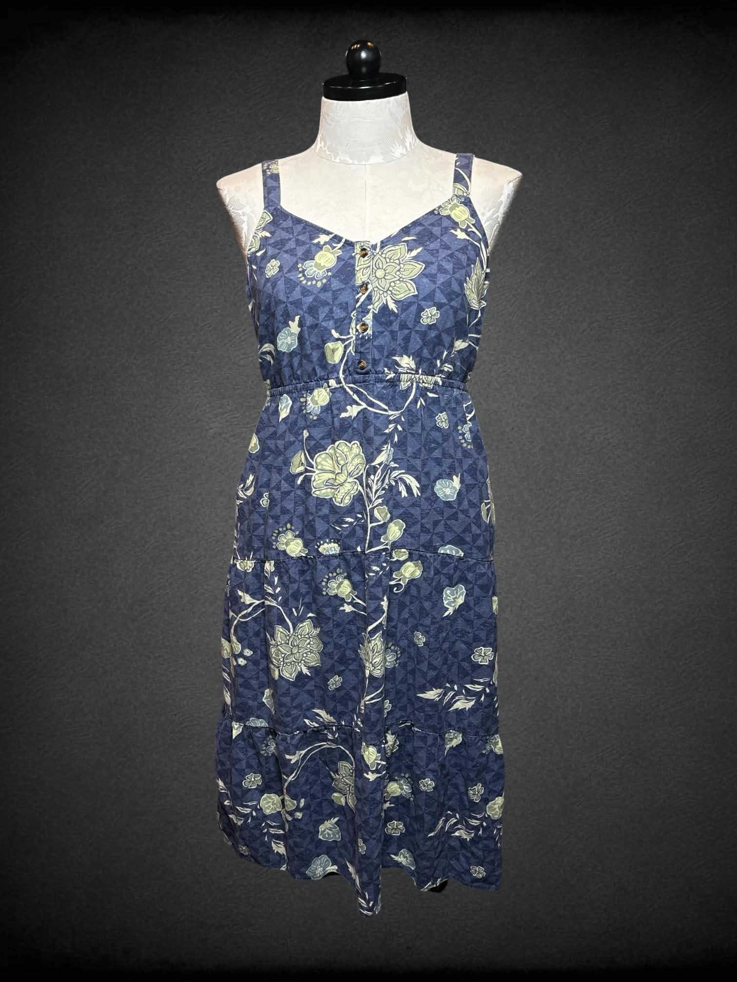 1X Sonoma blue dress with green floral pattern, and pockets