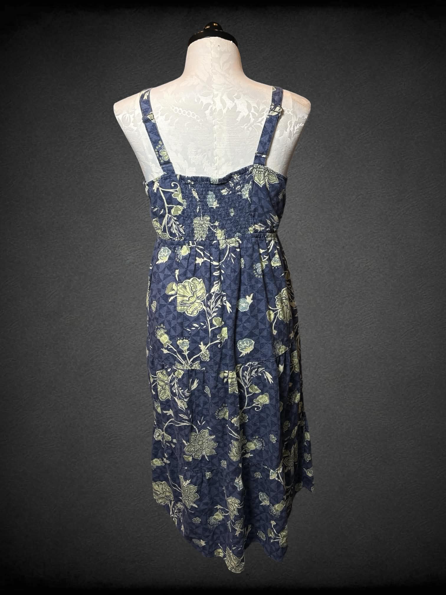 1X Sonoma blue dress with green floral pattern, and pockets
