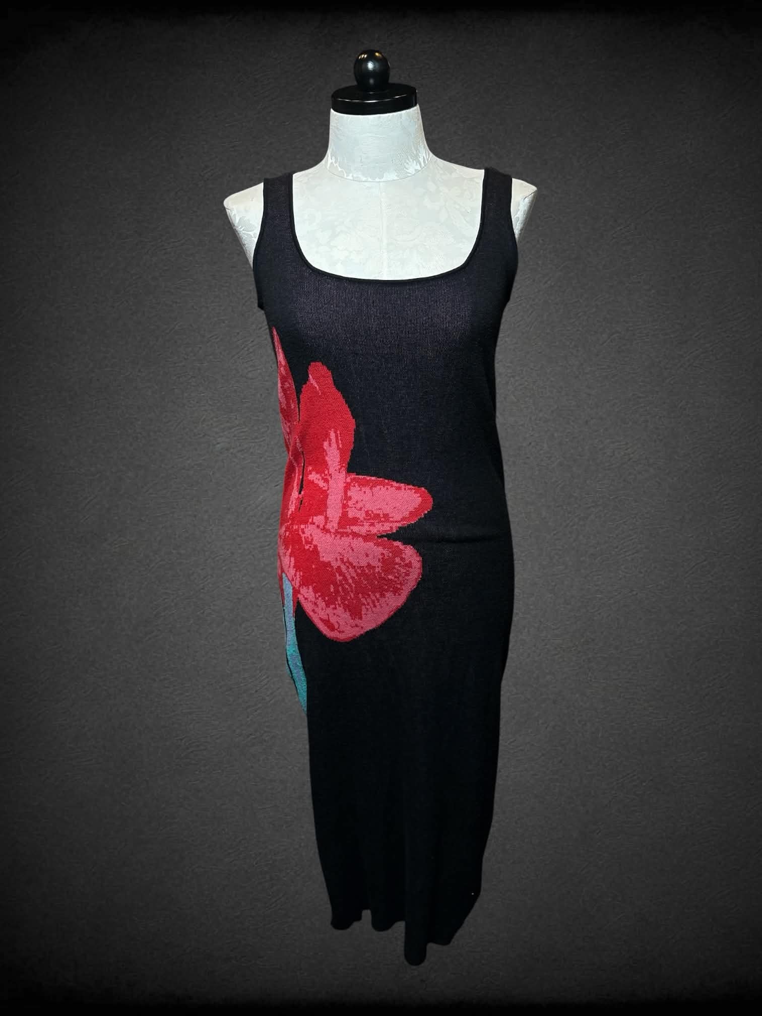 1X Eloquii black sweater-like dress with red tulip design on side