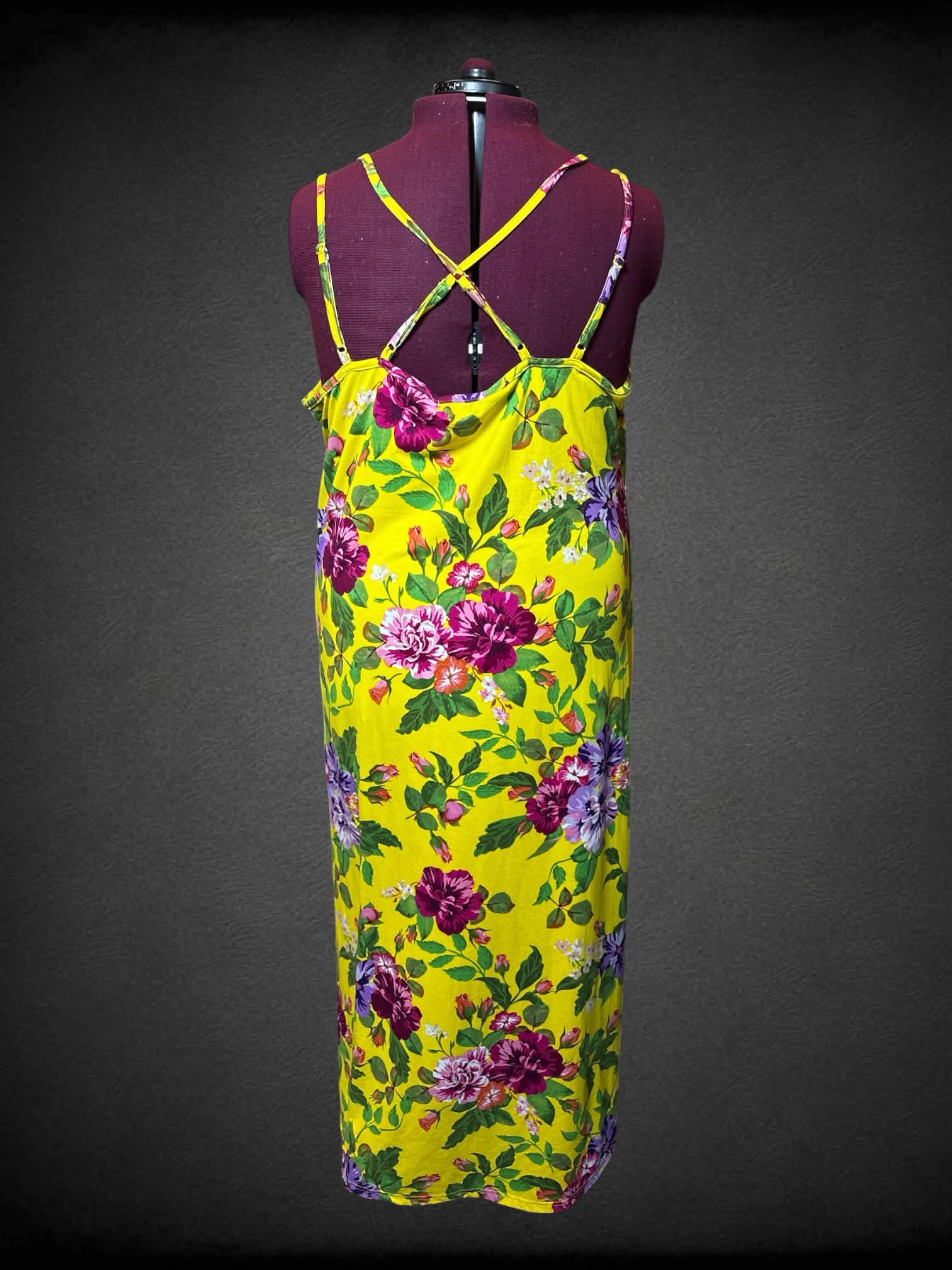 4X Rouge yellow dress with pink floral pattern, and cross straps on back