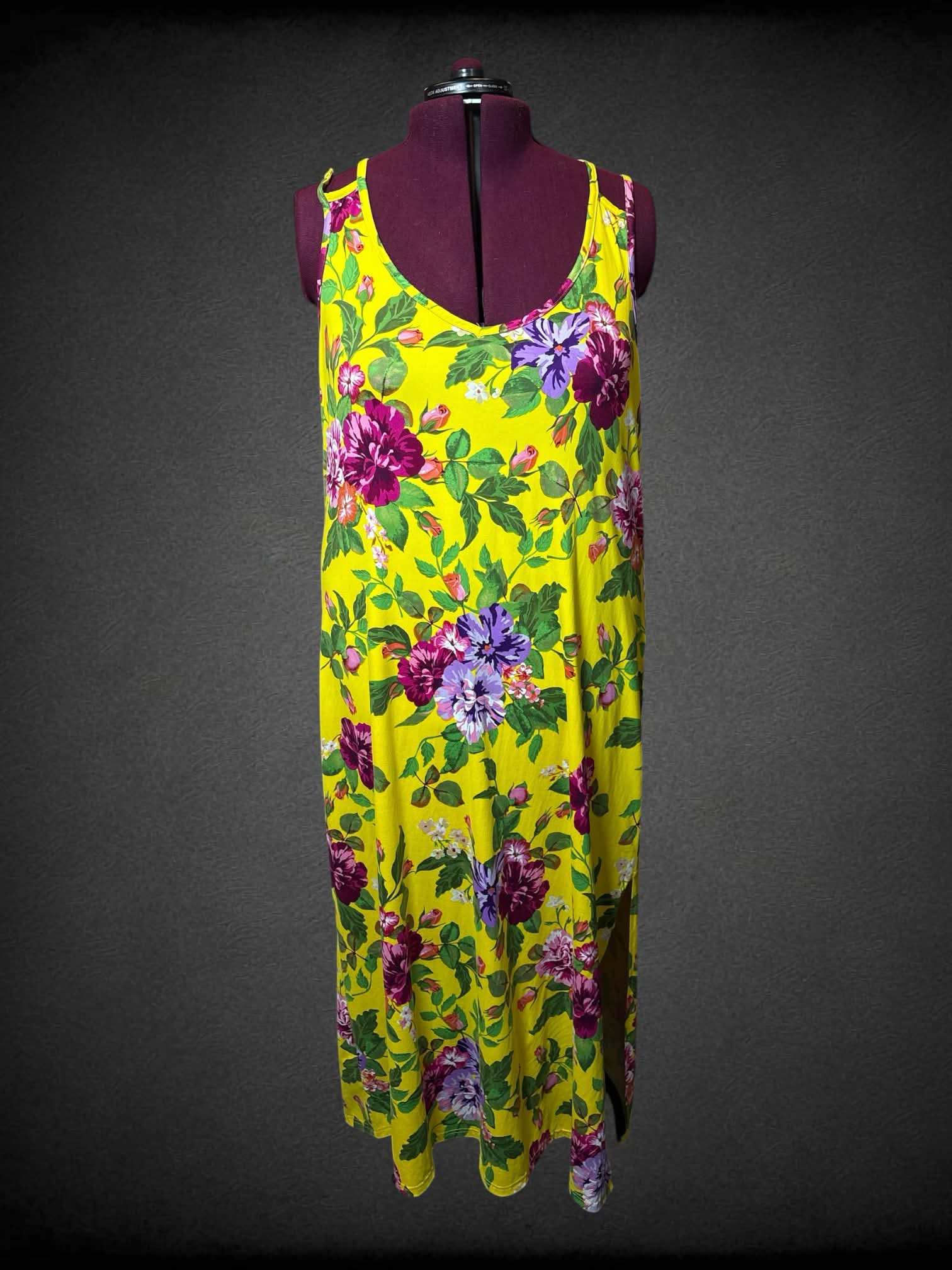 4X Rouge yellow dress with pink floral pattern, and cross straps on back