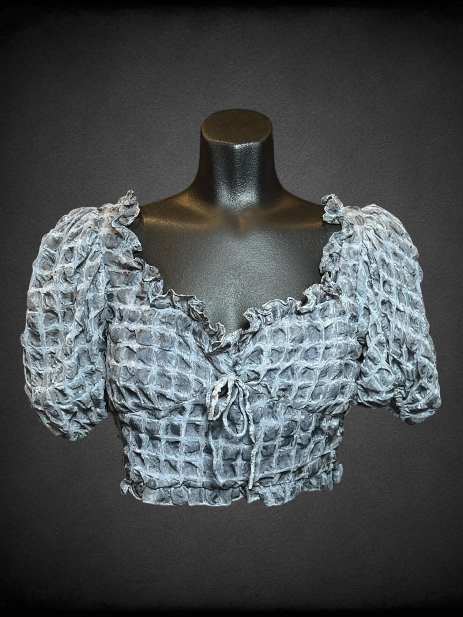 S Petite Studio grey cropped blouse with honey comb ruffle pattern, buttons on back and zipper on side