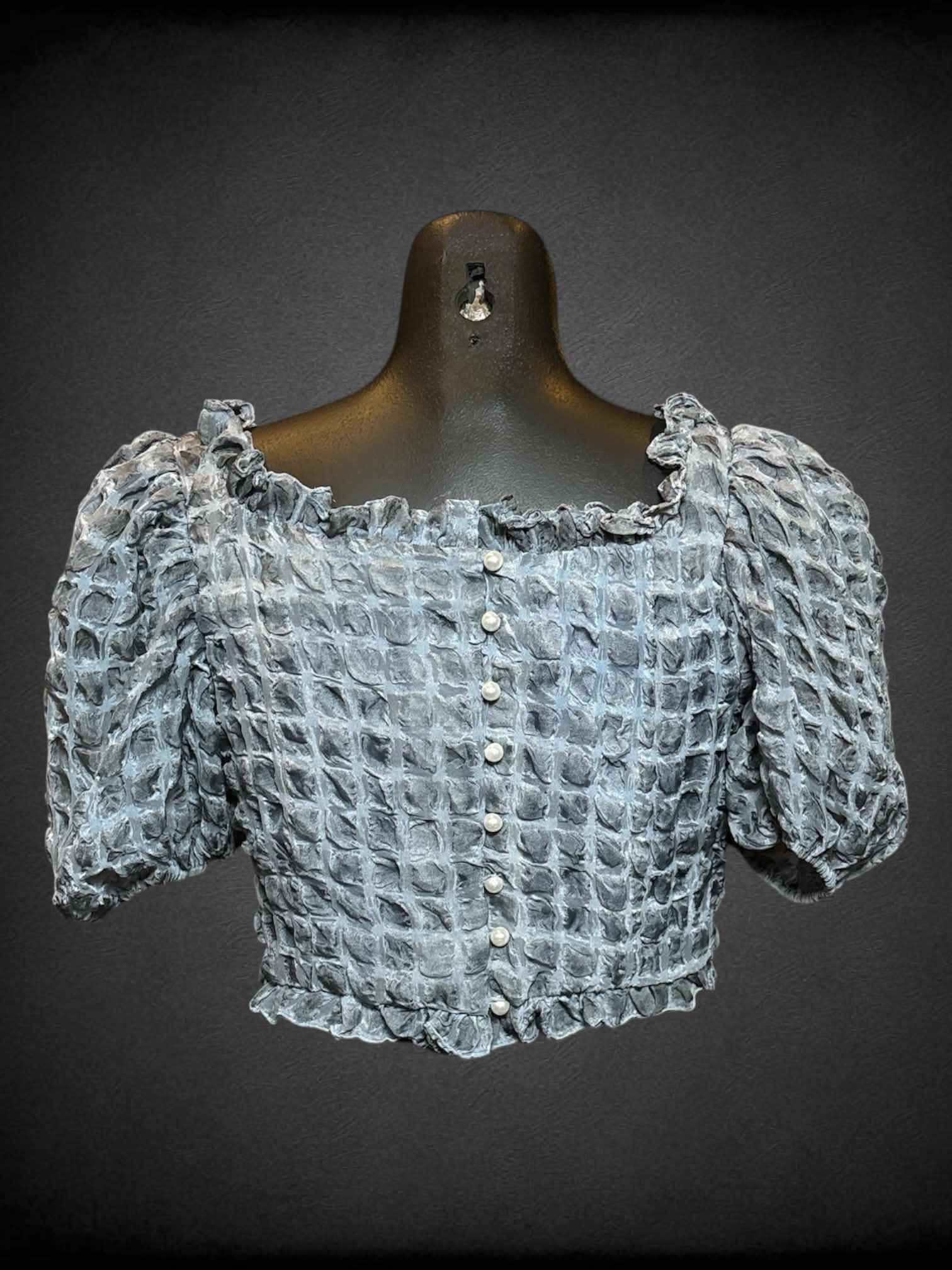 S Petite Studio grey cropped blouse with honey comb ruffle pattern, buttons on back and zipper on side
