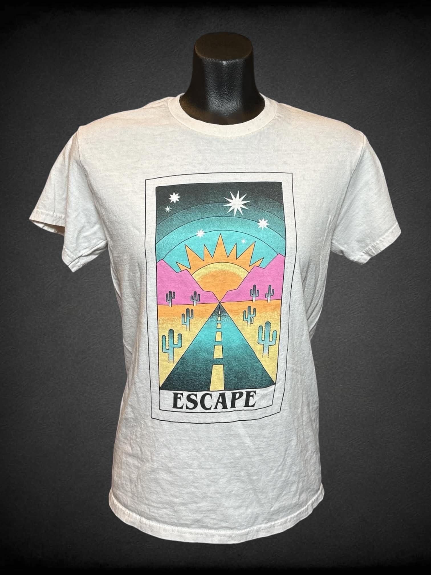 S Gildan white t shirt with tarot-style “Escape” graphic on front