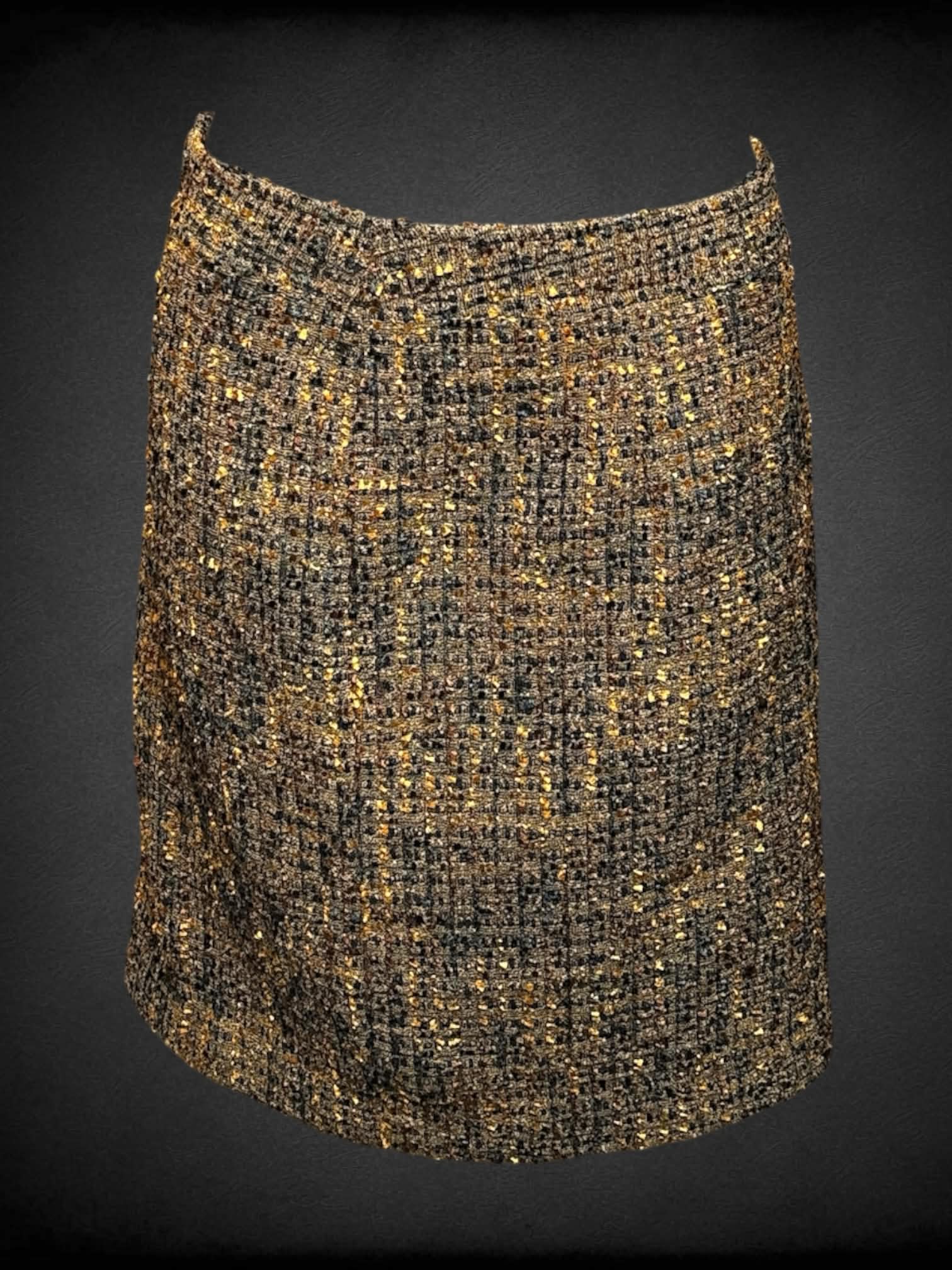 S Amanda + Chelsea brown pencil skirt with zipper on side, and gold & green detailing