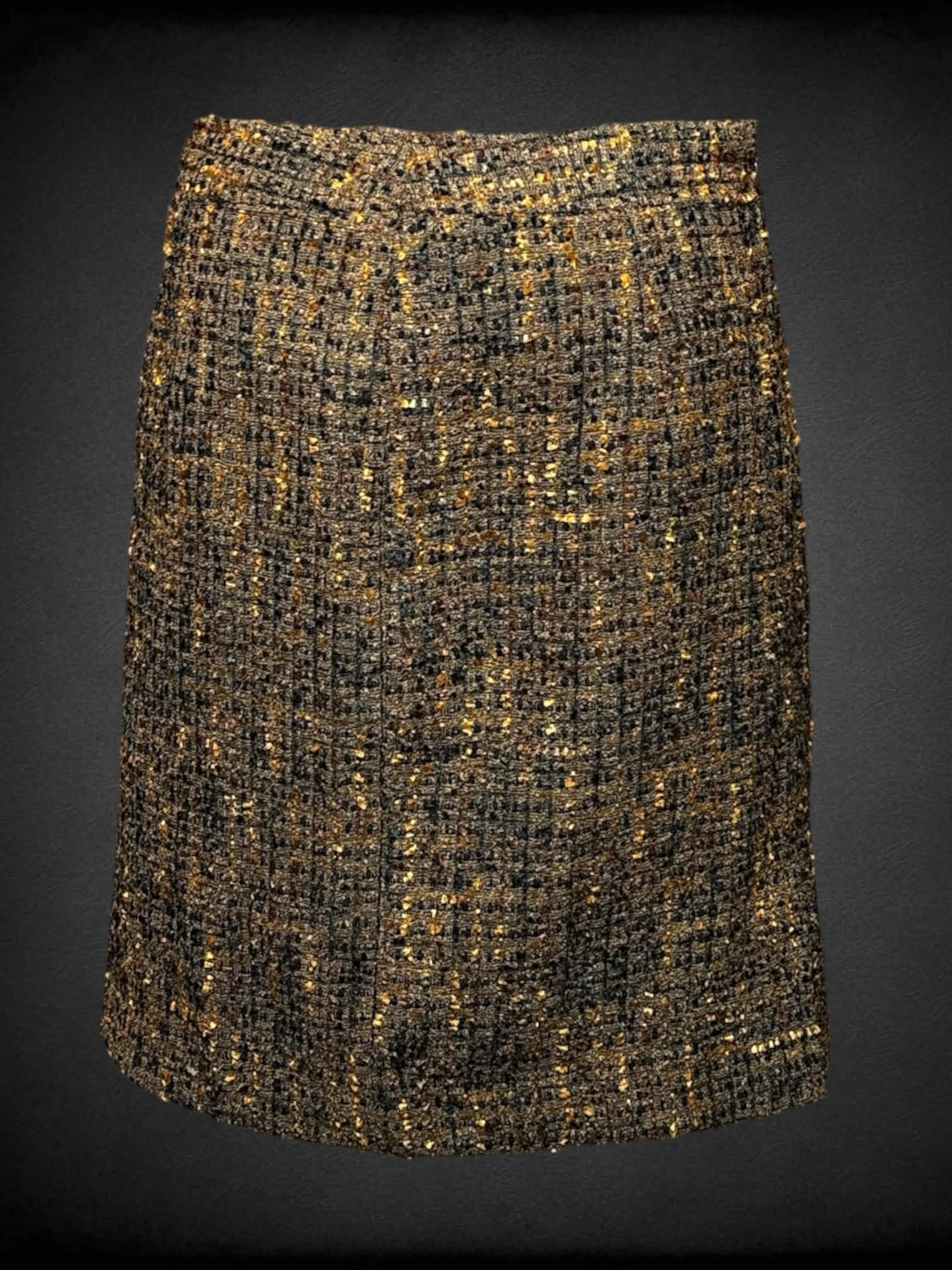S Amanda + Chelsea brown pencil skirt with zipper on side, and gold & green detailing
