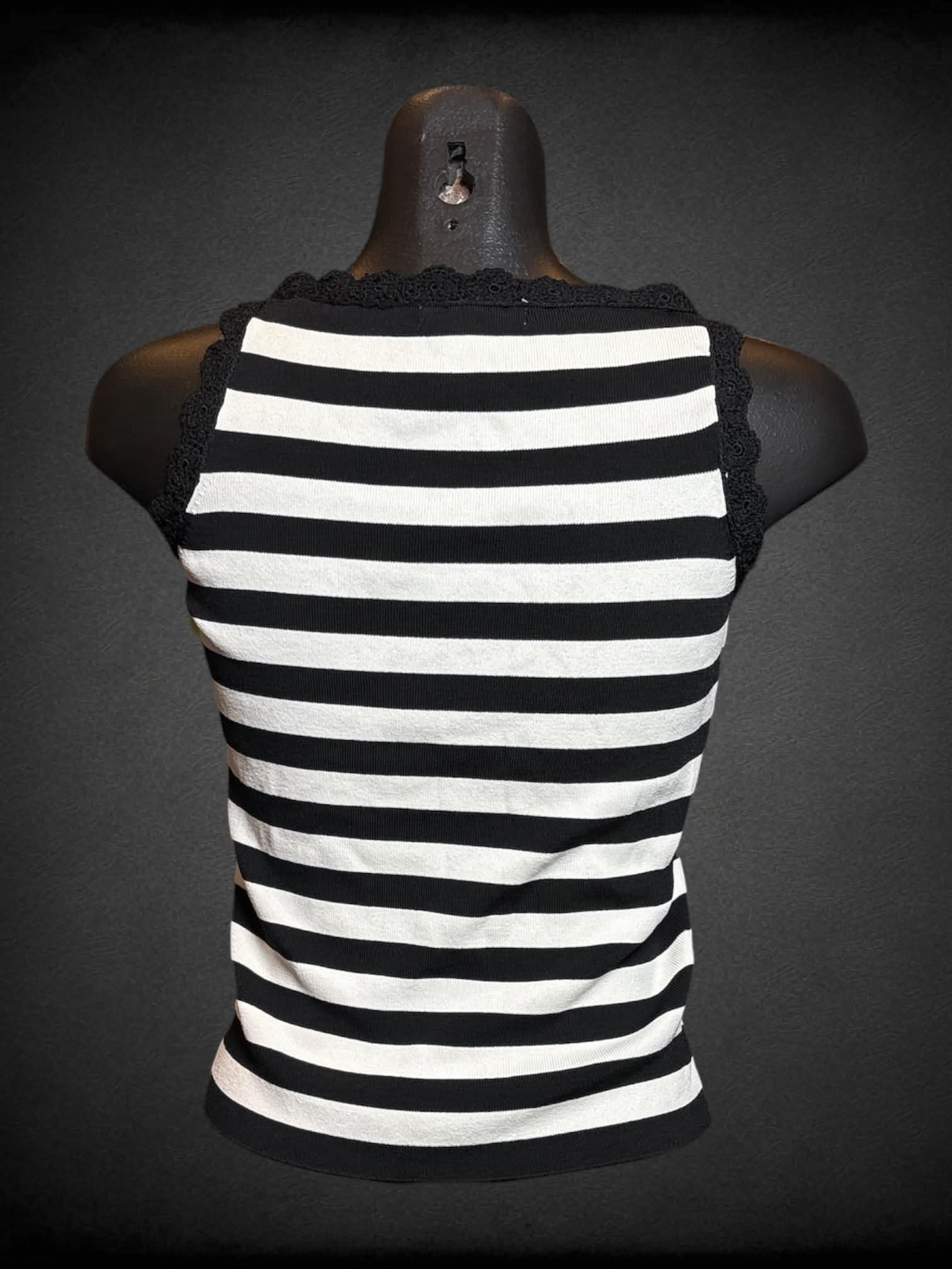 M Carole Little vintage black & white striped ribbed top with lace trimming