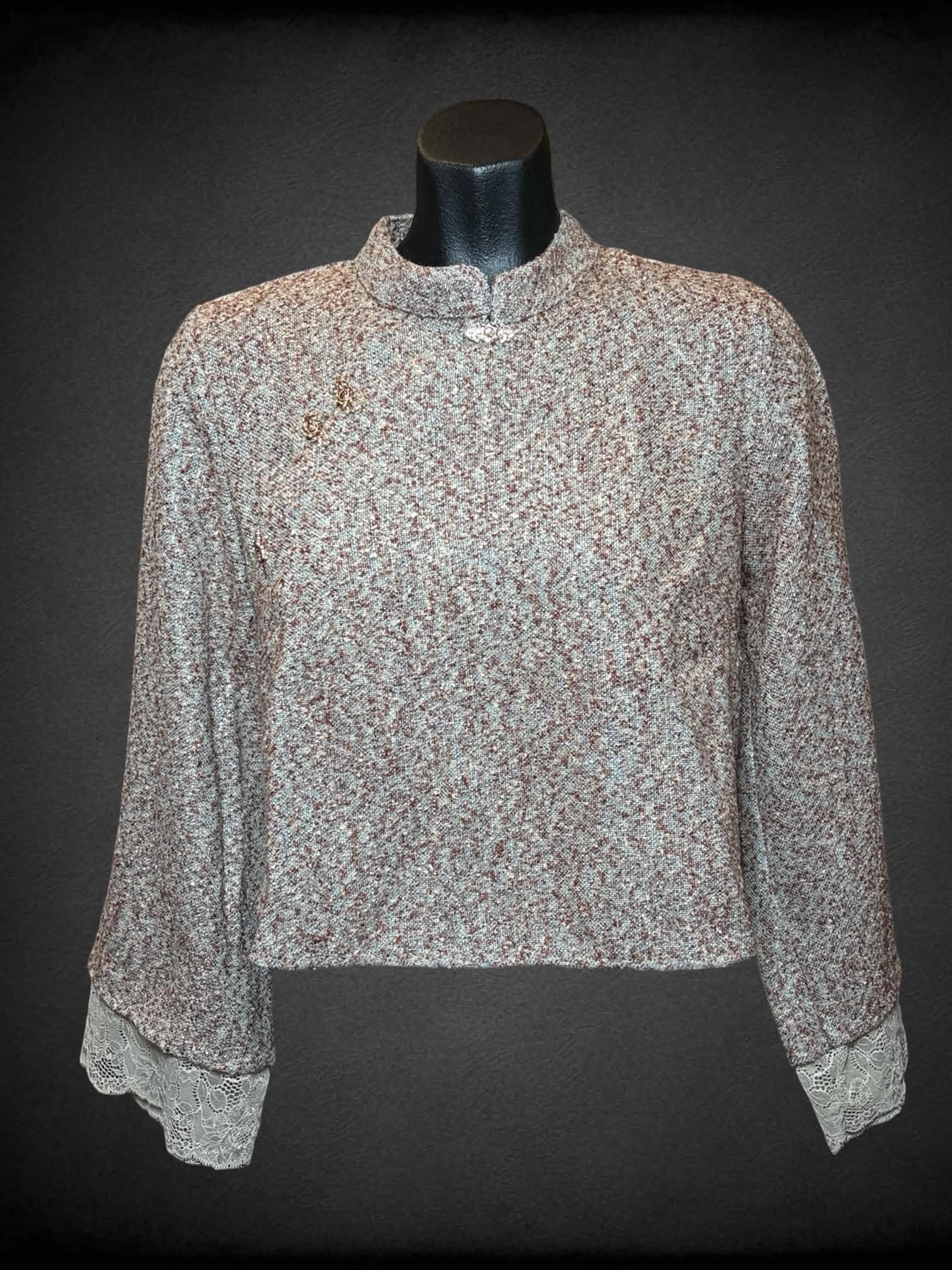 M brown textured sweater with ornate clasp buttons, asymmetrical cut and lace lining on sleeves
