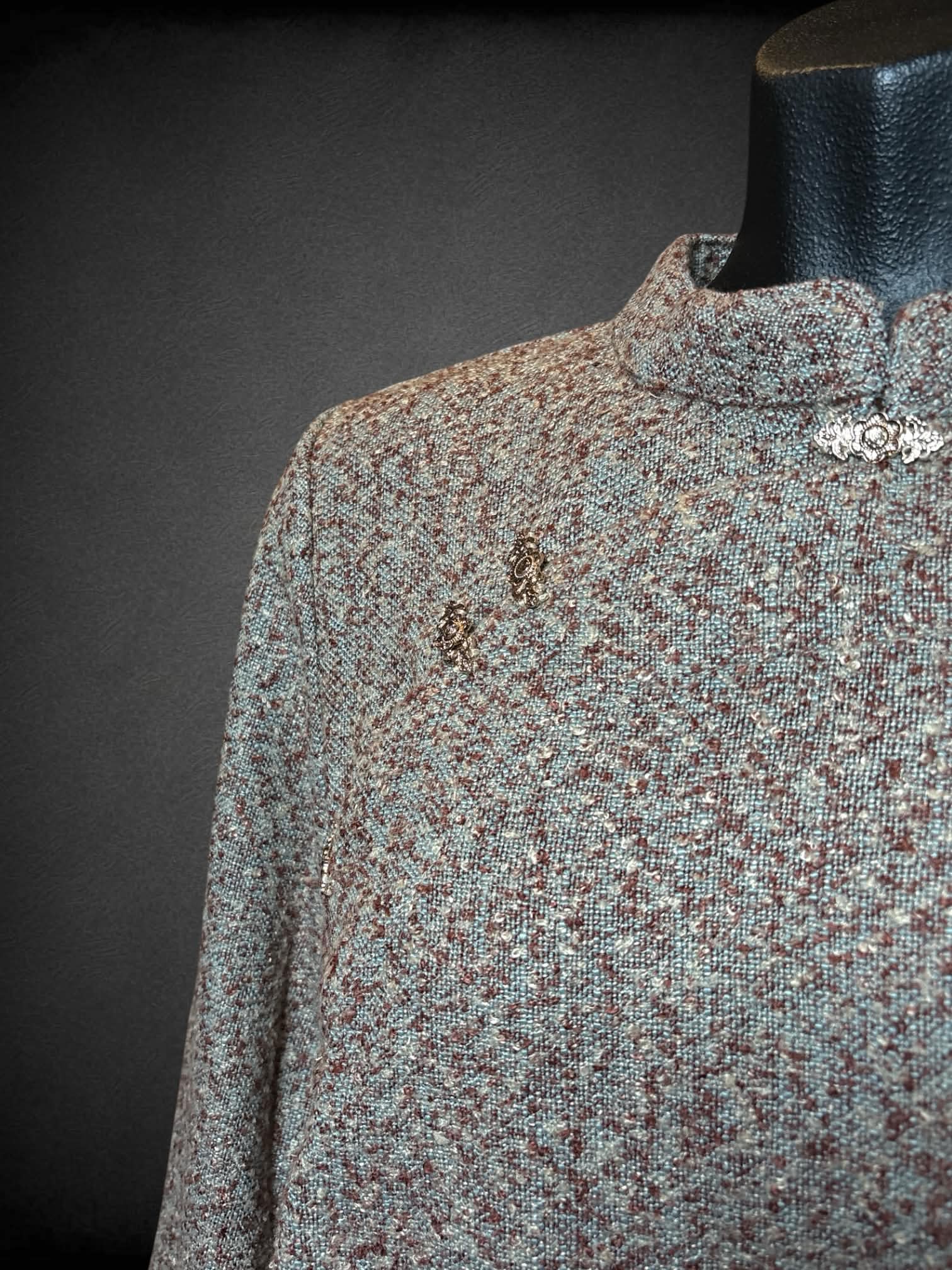 M brown textured sweater with ornate clasp buttons, asymmetrical cut and lace lining on sleeves