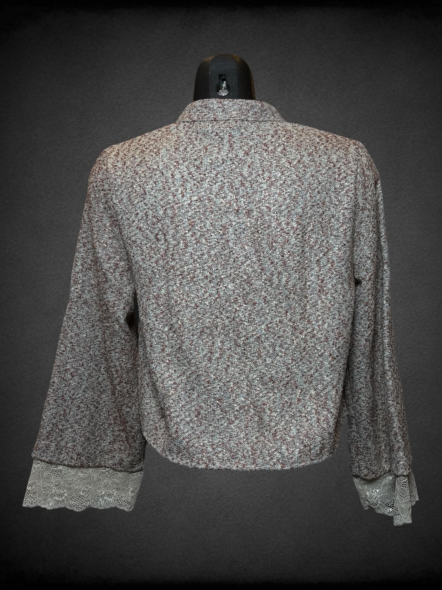 M brown textured sweater with ornate clasp buttons, asymmetrical cut and lace lining on sleeves