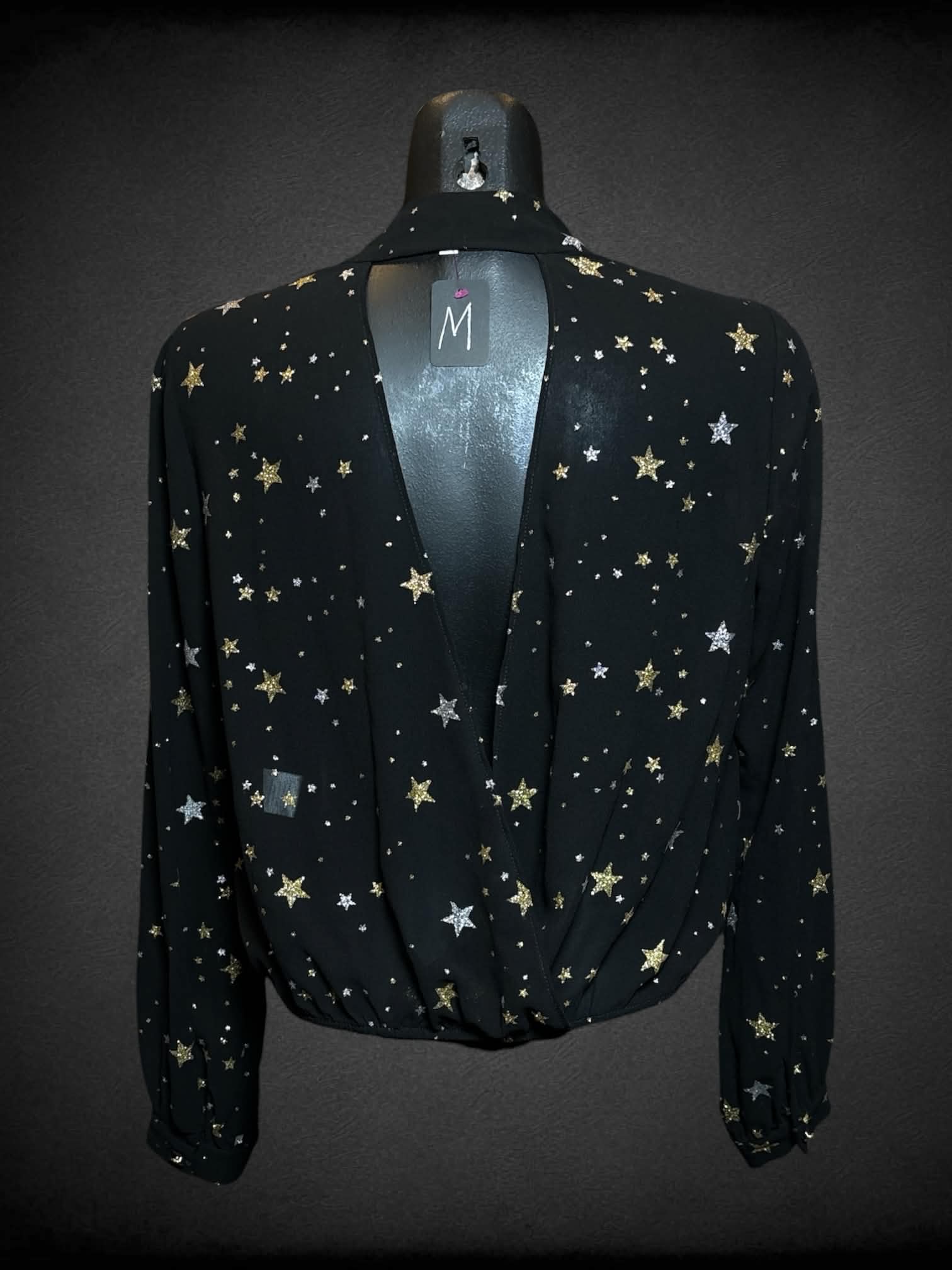 M Lovers + Friends black sheer open top with silver & gold star pattern