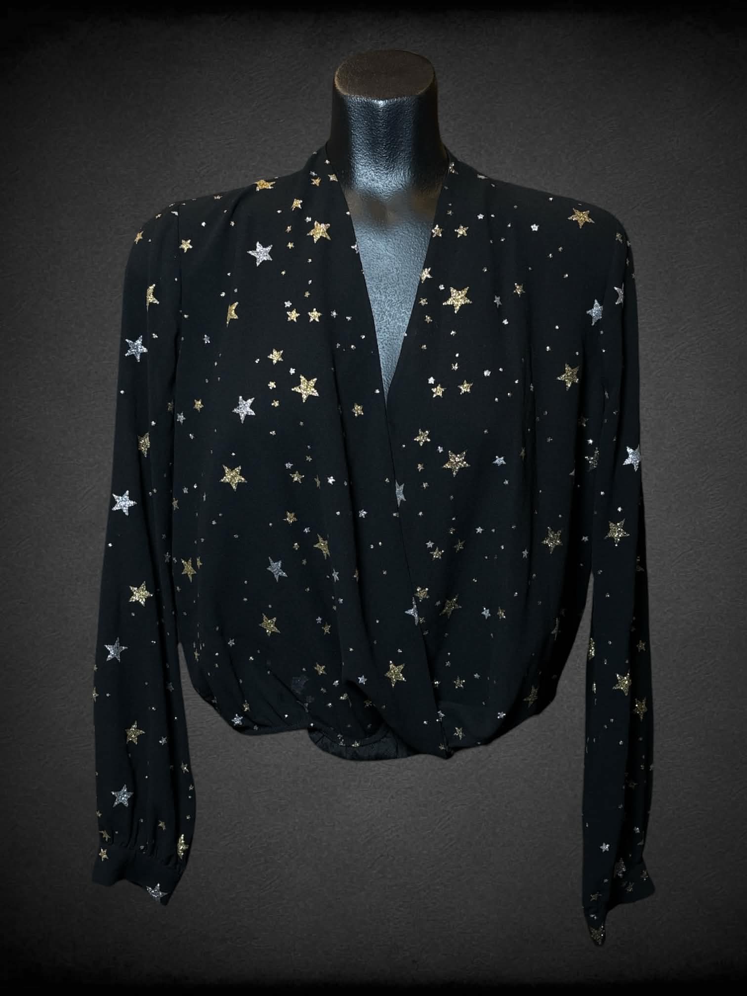 M Lovers + Friends black sheer open top with silver & gold star pattern