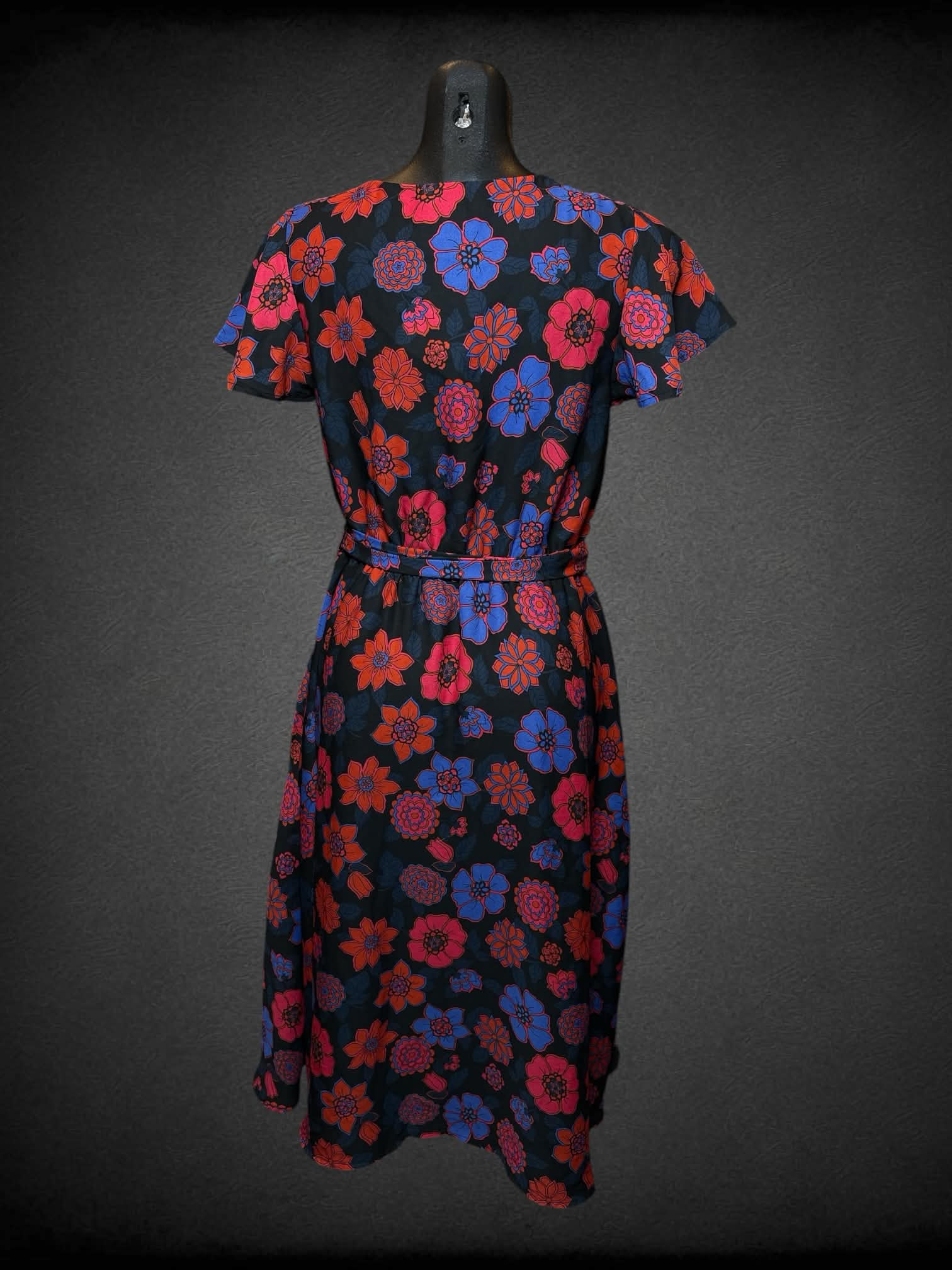 M ModCloth NWT black dress with blue & red floral pattern, and adjustable tie on waist