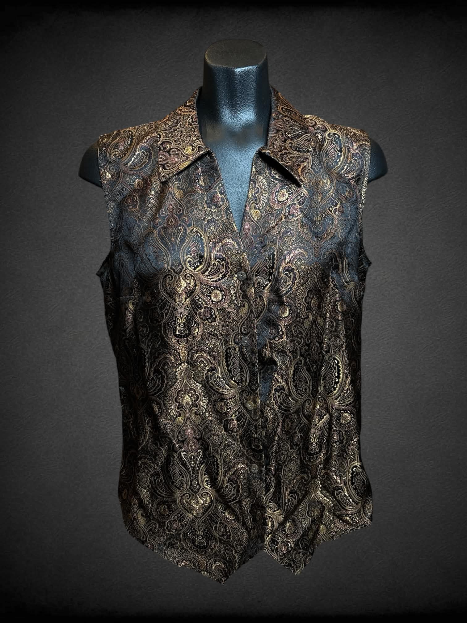 L Coldwater Creek vintage black & gold button-up vest with ornate paisley design