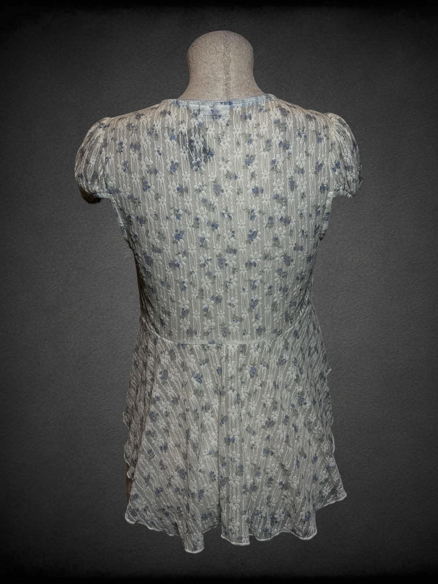 L LoveSick white lace top with blue floral pattern, and empire waist seem