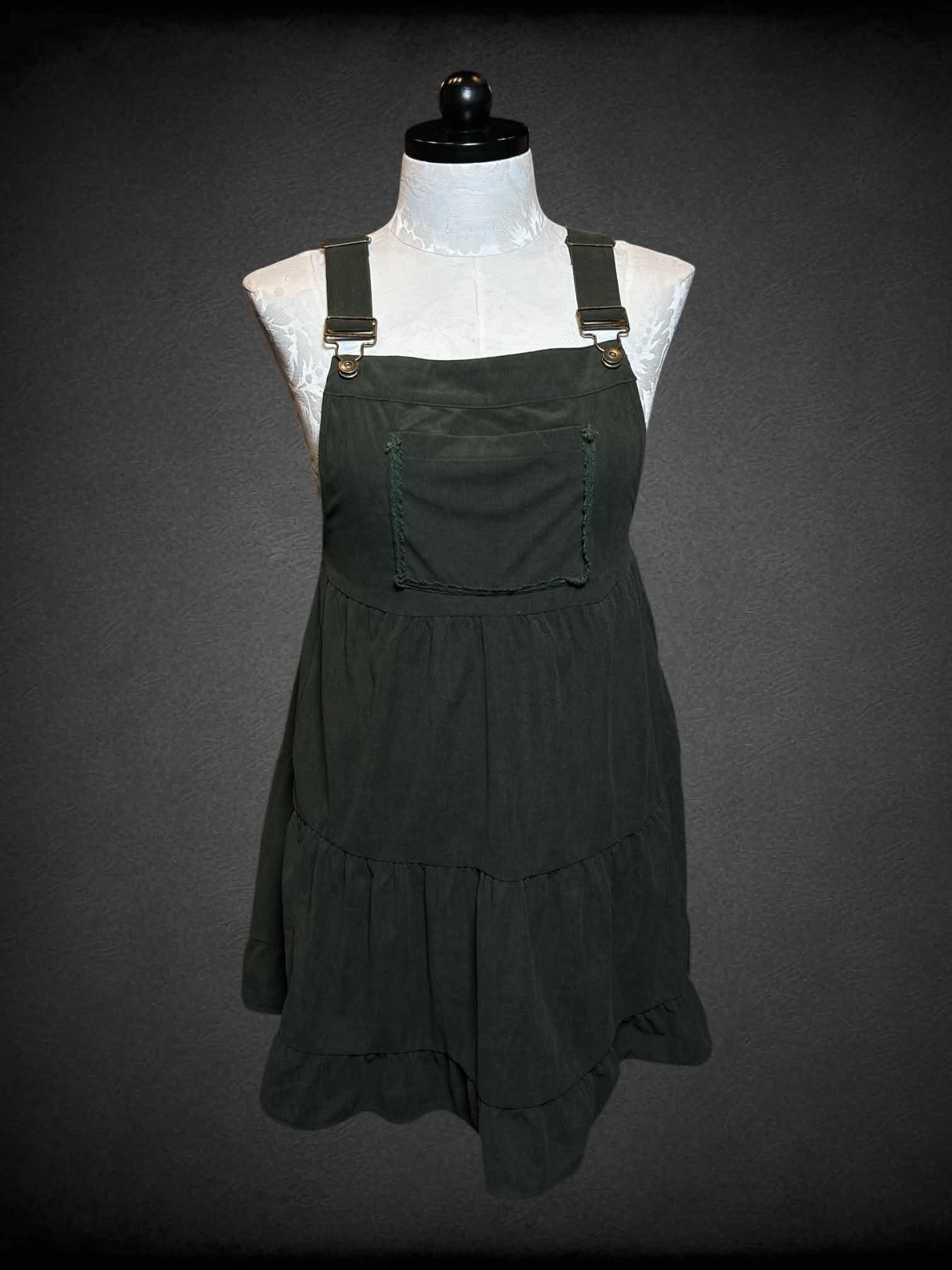 XL Bloom Chic green corduroy overall dress with pockets, and lace trimmed pocket on front
