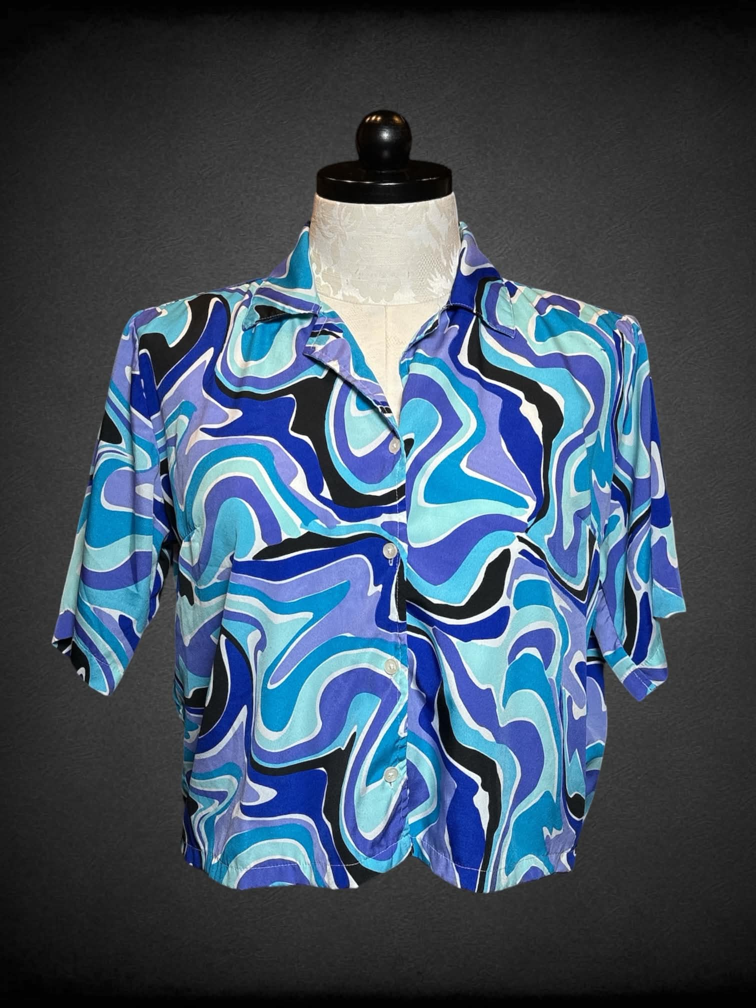 0X Girl Soul blue cropped button-up with blue & black liquid paint pattern