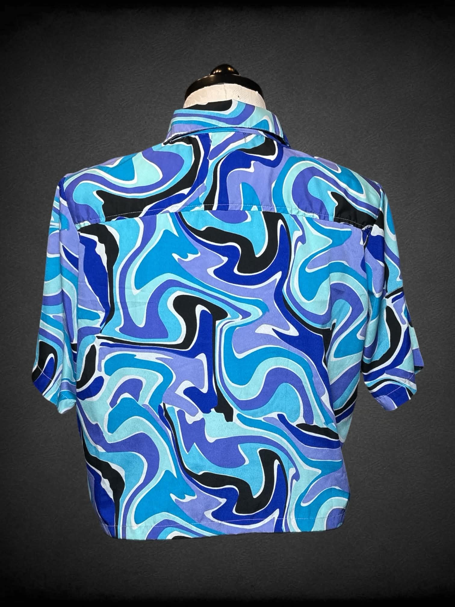 0X Girl Soul blue cropped button-up with blue & black liquid paint pattern
