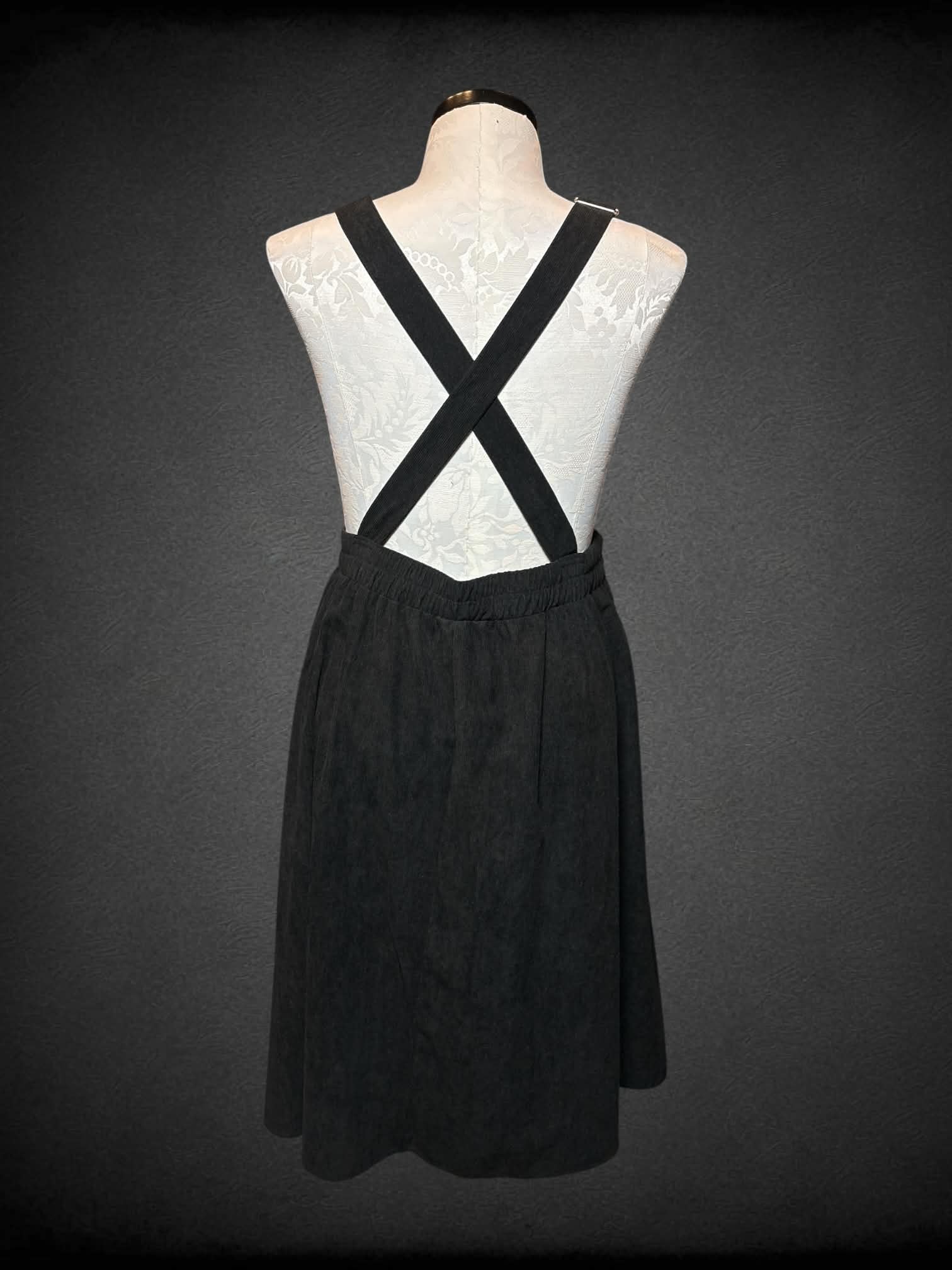 0X Bloom Chic black corduroy overall dress with embroidered cat face on front