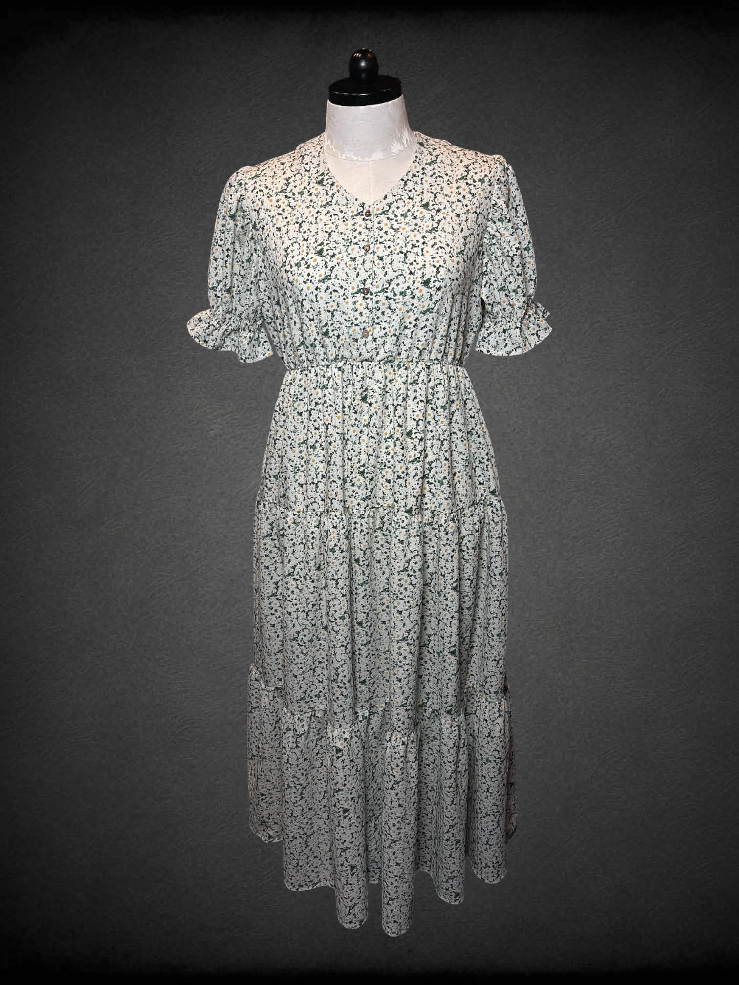 0X Love, Olive Co off-white sundress with daisy pattern, pockets, and buttons on front