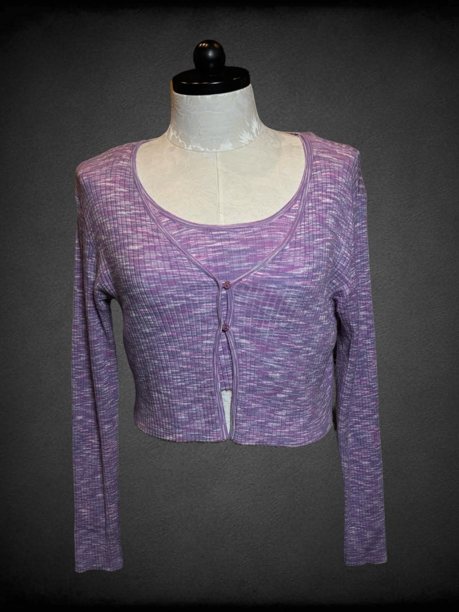 1X Arizona purple two-piece set with cropped ribbed cardigan, and cropped ribbed tank top