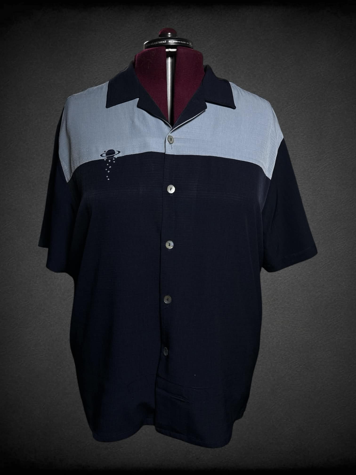 2X DaVinci navy button-up with embroidered saturn & stars on front
