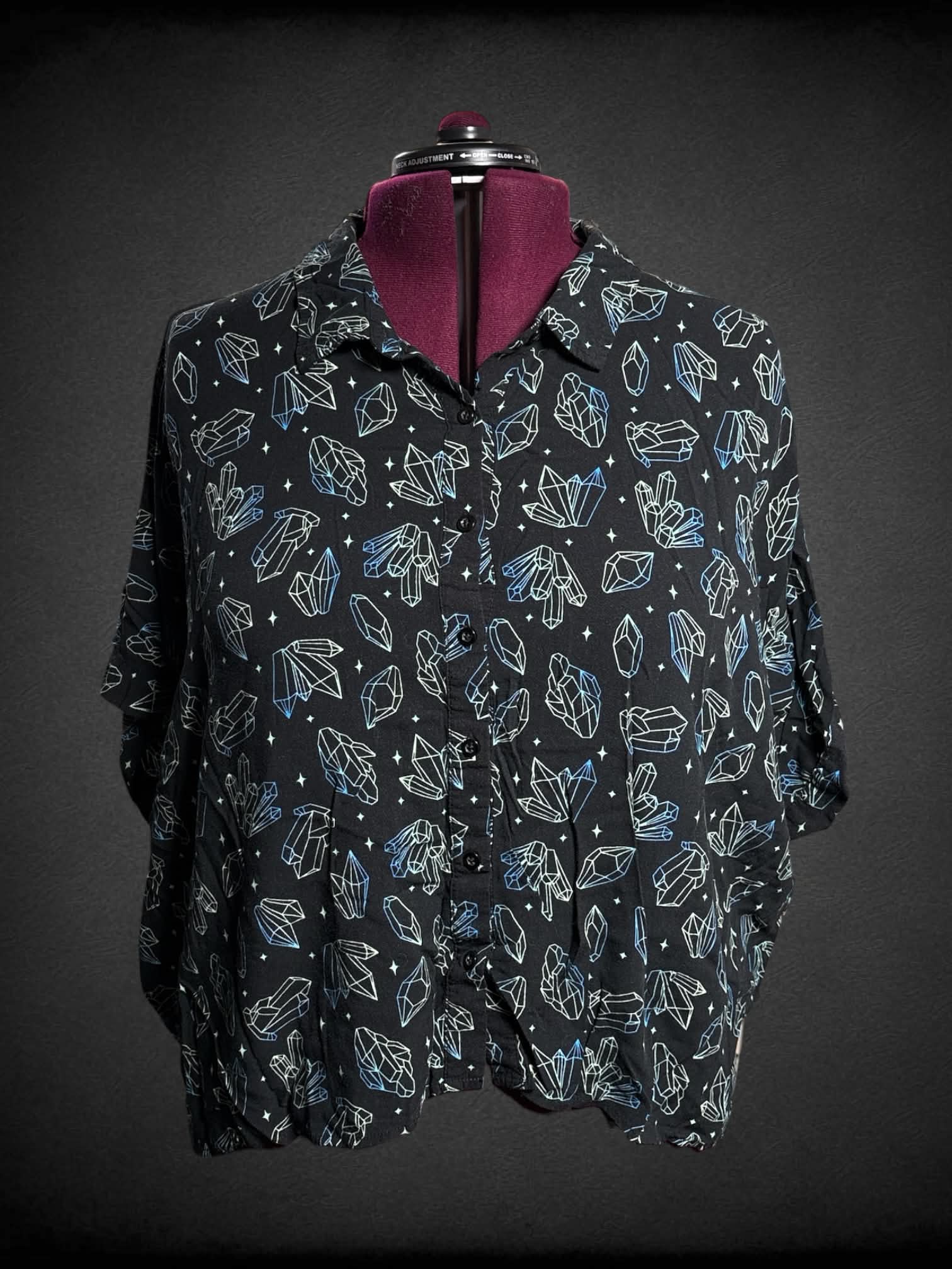 4X Hot Topic black button-up with green & blue crystal pattern