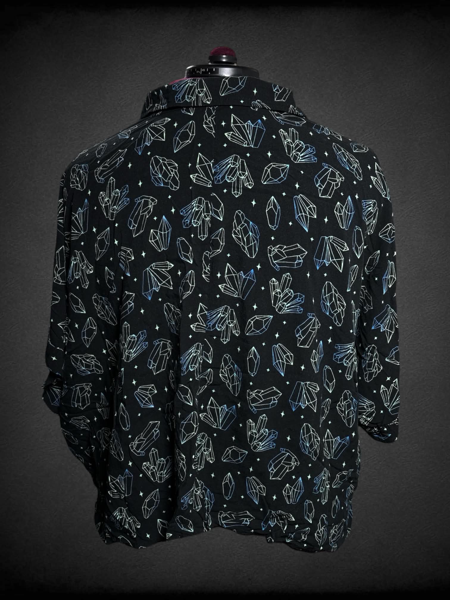 4X Hot Topic black button-up with green & blue crystal pattern