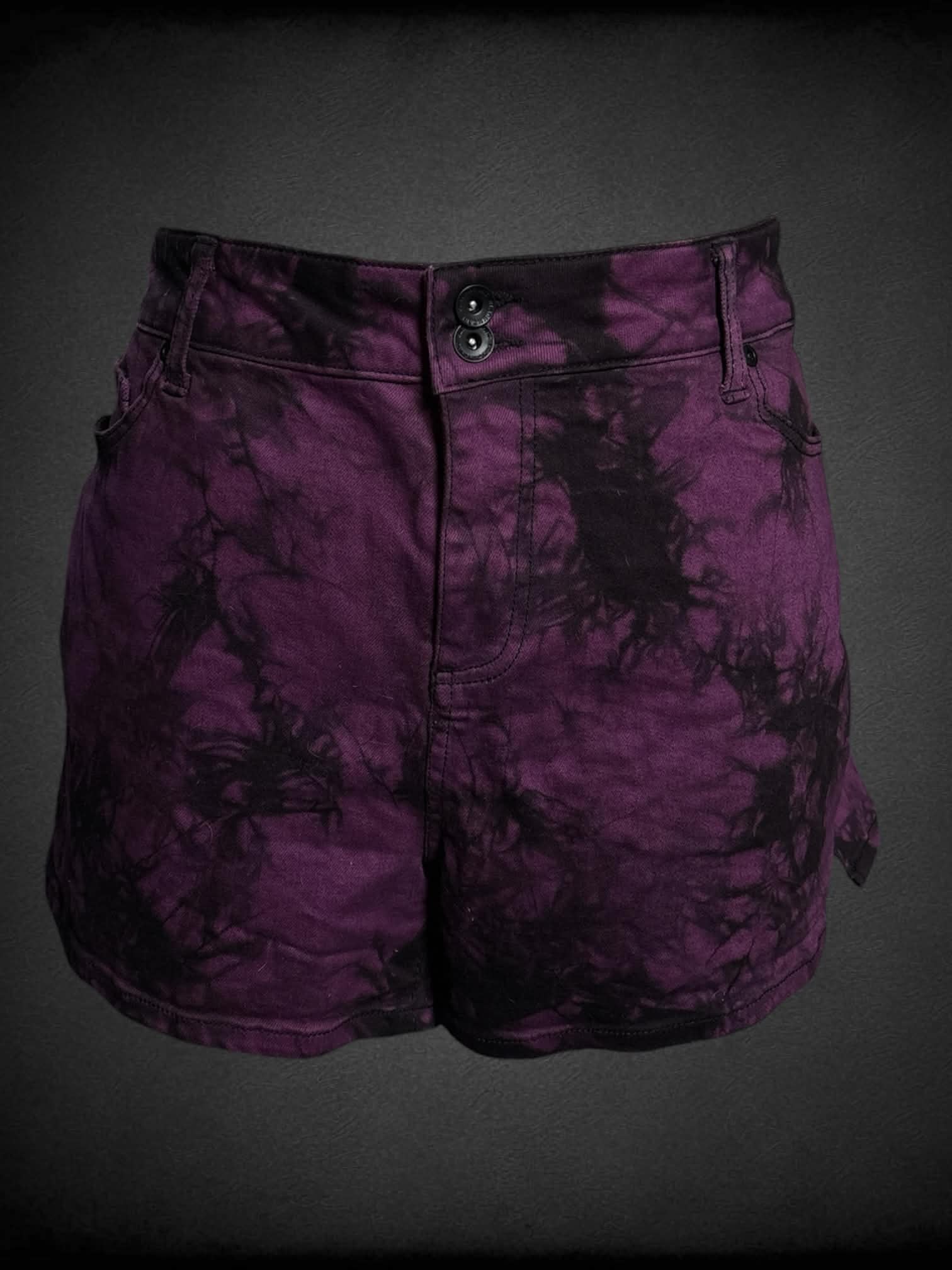 1X Black Heart purple denim shorts with black marble tie-dye design