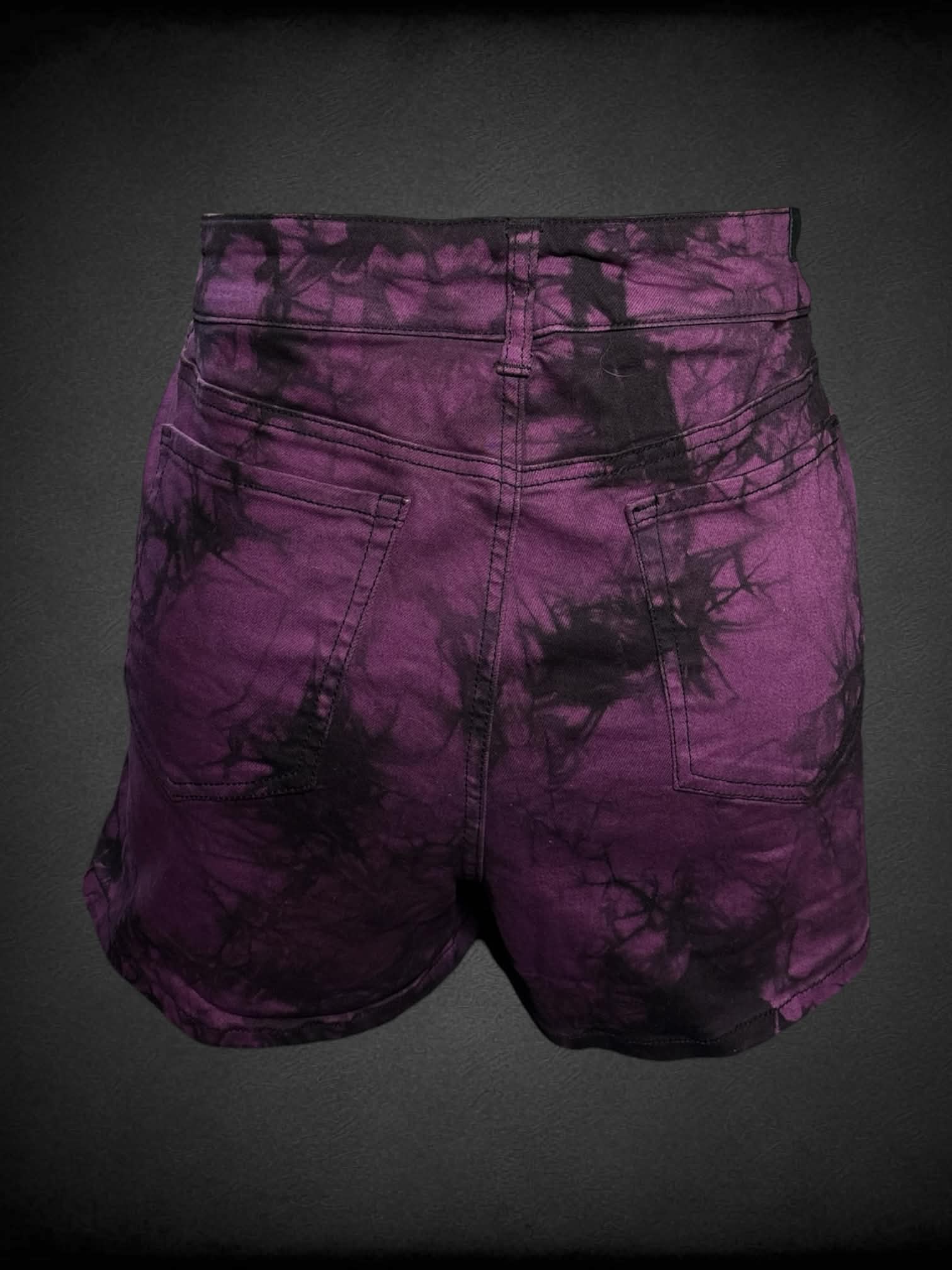 1X Black Heart purple denim shorts with black marble tie-dye design