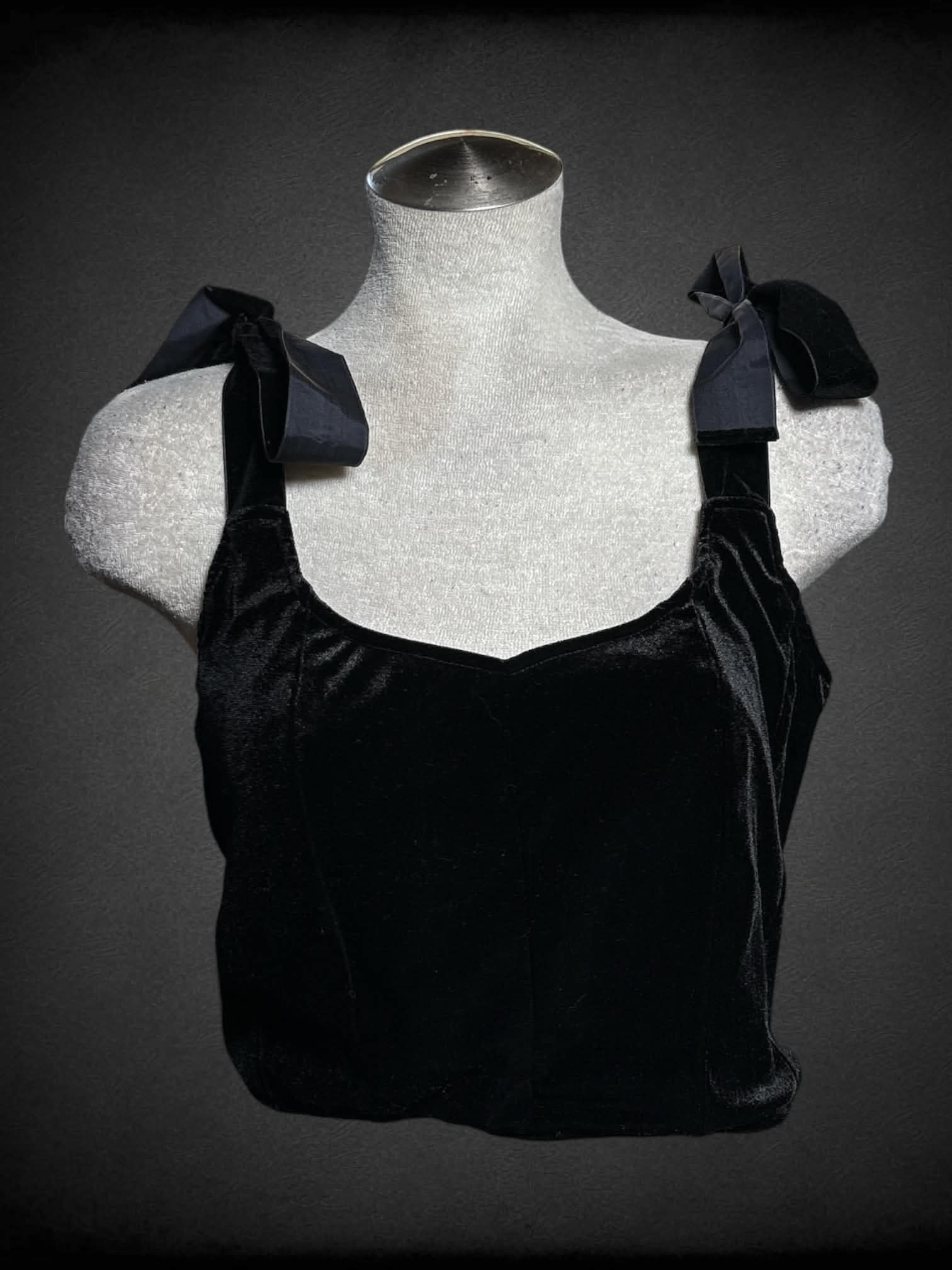 L Disturbia NWT black velvet-like crop top with ribbon-tie straps, and zipper on side