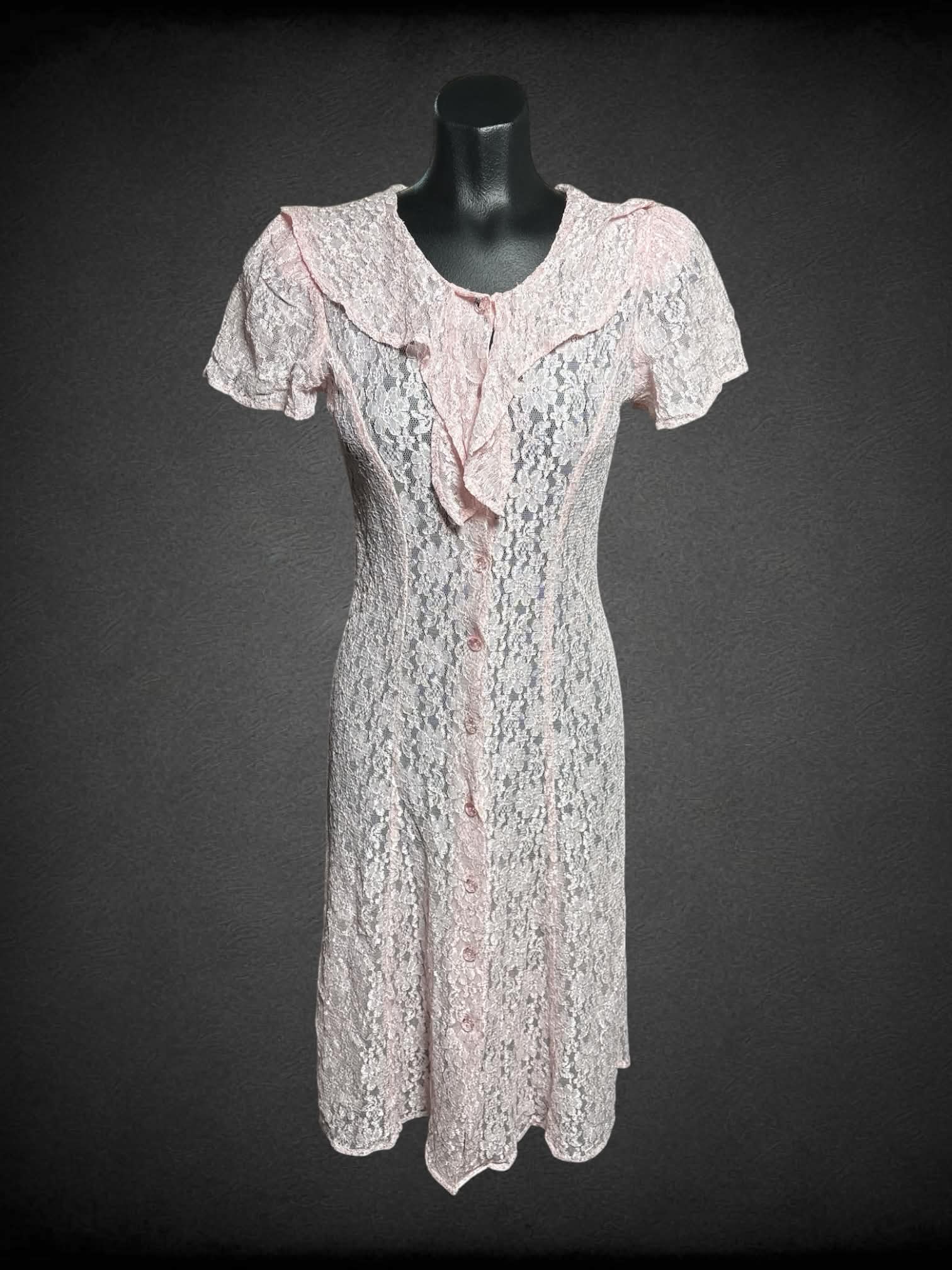 XS Great Escape vintage baby pink sheer lace dress with Peter Pan collar, and buttons on front