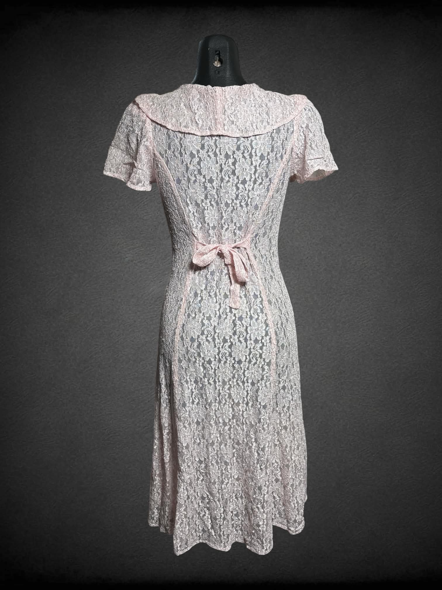 XS Great Escape vintage baby pink sheer lace dress with Peter Pan collar, and buttons on front